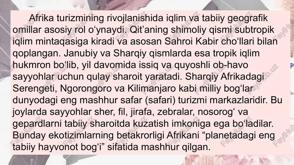 lar “barqaror turizm” namunasi sifatida e’tirof etiladi. 9 afrikaning g‘arbiy qismi, xususan gana, senegal va nigeriyada madaniy-tarixiy turizm ustuvor yo‘nalishdir. gana poytaxti akkra, shuningdek, elmina va cape coastdagi qullik davriga oid fort va qal’alar unesco merosi ro‘yxatiga kiritilgan. bu joylar “dark tourism” — ya’ni tarixiy xotira turizmi uchun muhim manzillardir. senegal poytaxti dakar va gore oroli esa afrika diasporasi tarixining ramzidir. shuningdek, gana, benin va togo mamlakatlarida an’anaviy voodoo madaniy festivallari va milliy raqs turlari sayyohlarni o‘ziga jalb qiladi. janubiy afrika respublikasi (jar) esa afrika turizmining eng rivojlangan infratuzilmalariga ega mamlakatdir. bu davlat yildan-yilga 18 millionga yaqin sayyohni qabul qiladi. jarda kapetown shahri, table tog‘i, kruger milliy bog‘i, sun city kurorti, durban sohillari va vayn hududlari mashhur. bu yerda sport, plyaj, biznes, eko va gastronomik turizm tarmoqlari birgalikda rivojlangan. jar turizm siyosatida barqaror boshqaruv tamoyillari, ekologik nazorat va mahalliy aholini turizm tizimiga integratsiyalash mexanizmlari muvaffaqiyatli joriy qilingan. markaziy afrika mamlakatlari …