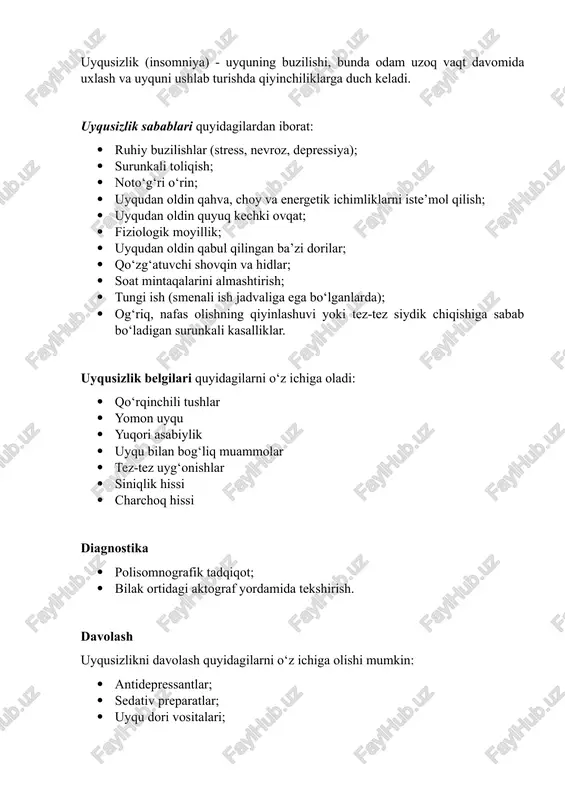 shga salbiy ta’sir qiladi va qisqa muddatli va uzoq muddatli xotirani yomonlashtiradi. uyqusizlikning oldini olish uchun quyidagilar tavsiya etiladi: · uyqudan oldin ta’sirlovchi omillarni bartaraf etish. · xonani shamollatish. · oqshomlari ochiq havoda sayr qilish. · tinchlantiruvchi yog‘lar bilan iliq vannalar qabul qilish. · 18:00 dan keyin achchiq choy va qahvadan saqlaning. · kunduzgi uyqudan voz kechish. · uyqudan oldin o‘tkir, yog‘li va unli ovqatlarni ortiqcha yemang. · har kuni bir vaqtda yotish va uyg‘onish. uyqu buzilishlarining organizmga ta’siri:shunday odamlar borki, kuchlarini tiklash uchun 5-6 soatlik uyqu ularga yetarli bo’ladi, boshqalarga esa odatda kuniga kattalar uchun me’yoriy bo’lgan 8-9 soatlik uyqu ham yetarli bo’lmaydi. bular kishining individual xususiyatlariga taalluqli, shuningdek, uxlash va uyg’onish uchun qaysi vaqt qulayligiga qarab kishilarni «to’rg’ay», «boyqush» va «kabutarlar»ga ajratishga imkon beradigan tsirkad ritmi ham.qoida tariqasida, sog’lom odam 7-10 daqiqa ichida osongina uyquga ketadi, tuni bilan uyg’onmay uxlaydi va tongda tetik va yangi kunga tayyor bo’lib …