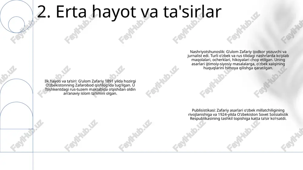 ’anani rivojlantirdi. madaniyat elchisi: g'ulom zafariyning asarlari geografik chegaralardan oshib, o'zbek madaniyati va keng jahon hamjamiyatini o'rtasida ko'prik bo'ldi. uning asarlari ko‘plab tillarga tarjima qilingani butun dunyo o‘quvchilariga o‘zbek tafakkuri va hikoyachiligining teranligi va boyligini qadrlash imkonini berdi. 7. zamonaviy dolzarblik 1: g‘ulom zafariy publitsistikasi katta ijtimoiy-siyosiy o‘zgarishlar davrida o‘zbek xalqining milliy ongini shakllantirishda hal qiluvchi rol o‘ynadi. 2: uning asarlarida ta’lim islohoti, ayollar huquqlari, milliy o‘zlikni anglash kabi o‘sha davrning dolzarb masalalari yoritilgan. 3: zafariy o‘zining tiniq tahlili va jo‘shqin tili bilan mutafakkirlar va faollarning avlodlarini ilhomlantirib, o‘zbek madaniyati va jamiyatida o‘zgarmas meros qoldirdi. 8. xulosa e'tiboringiz uchun rahmat @taqdimot_robot image1.png /docprops/thumbnail.jpeg