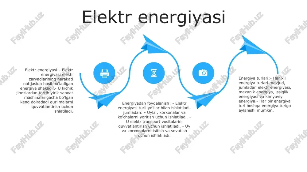 qayta tiklanadigan energiya, lekin u faqat kun davomida mavjud energyenergy-dan foydalanish turli maqsadlarda, jumladan, tashish, isitish va sovutish uchun ishlatiladi. transport dunyodagi energiyadan eng ko'p foydalanish hisoblanadi, undan keyin isitish va sovutish. energiya zavodlar, korxonalar va uylarni quvvatlantirish uchun ham ishlatiladi potensial energiya kinetik energiya: bu harakatlanuvchi jismning energiya turi. jismning tezligi ortishi bilan uning kinetik energiyasi ham ortadi. potensial energiya: bu ob'ektning holatiga bog'liq bo'lgan energiya turi. jismning balandligi oshishi bilan uning potentsial energiyasi ham ortadi. kimyoviy energiya: bu atomlar yoki molekulalarning kimyoviy aloqalarida saqlanadigan energiya. bu energiya kimyoviy reaktsiyalar paytida chiqariladi yoki so'riladi. quyosh energiyasi energiya turlari va manbalarienergiya quyosh, shamol, gidro, yadro va fotoalbom yoqilg'ilarni o'z ichiga olgan turli shakllarda keladi. har bir manbaning o'ziga xos afzalliklari va kamchiliklari bor va ularning farqlarini tushunish energiyadan foydalanish bo'yicha oqilona tanlov qilishga yordam beradi. quyosh energiyasi: quyosh nurini powerga aylantirishsolar energiyasi quyosh energiyasidan turli texnologiyalar, jumladan, quyosh panellari va …