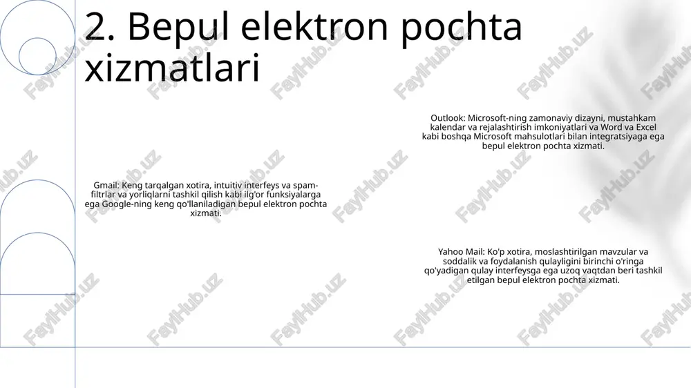 ilovalar. mobil elektron pochtaning afzalliklari: - e-pochtalarni istalgan joydan samarali boshqarish orqali samaradorlikni oshirish.- hamkasblar, mijozlar va do'stlar bilan aloqada bo'lish orqali yaxshilangan aloqa. 7. mobil elektron pochta xizmatlari protonmail: protonmail shveytsariyada joylashgan xavfsiz elektron pochta xizmati bo'lib, u barcha elektron pochta xabarlari, taqvim yozuvlari va kontaktlar uchun oxirigacha shifrlashni taklif qiladi. u maxfiylik va xavfsizlikka katta e'tibor beradi va hech qanday foydalanuvchi ma'lumotlarini yig'maydi. tutanota: tutanota - bu germaniyada joylashgan xavfsiz elektron pochta xizmati bo'lib, u barcha elektron pochta xabarlari, kontaktlar va kalendar yozuvlari uchun oxirigacha shifrlashni taklif qiladi. shuningdek, u maxfiylik va xavfsizlikka katta e'tibor beradi va u hech qanday foydalanuvchi ma'lumotlarini yig'maydi. countermail: countermail - bu aqshda joylashgan xavfsiz elektron pochta xizmati bo'lib, u barcha elektron pochta xabarlari uchun oxirigacha shifrlashni taklif qiladi. u eng xavfsiz elektron pochta xizmatlaridan biri sifatida obro'ga ega va uning maxfiylik siyosati juda kuchli. 8. xavfsiz elektron pochta xizmatlari protonmail: uchigacha shifrlash, …