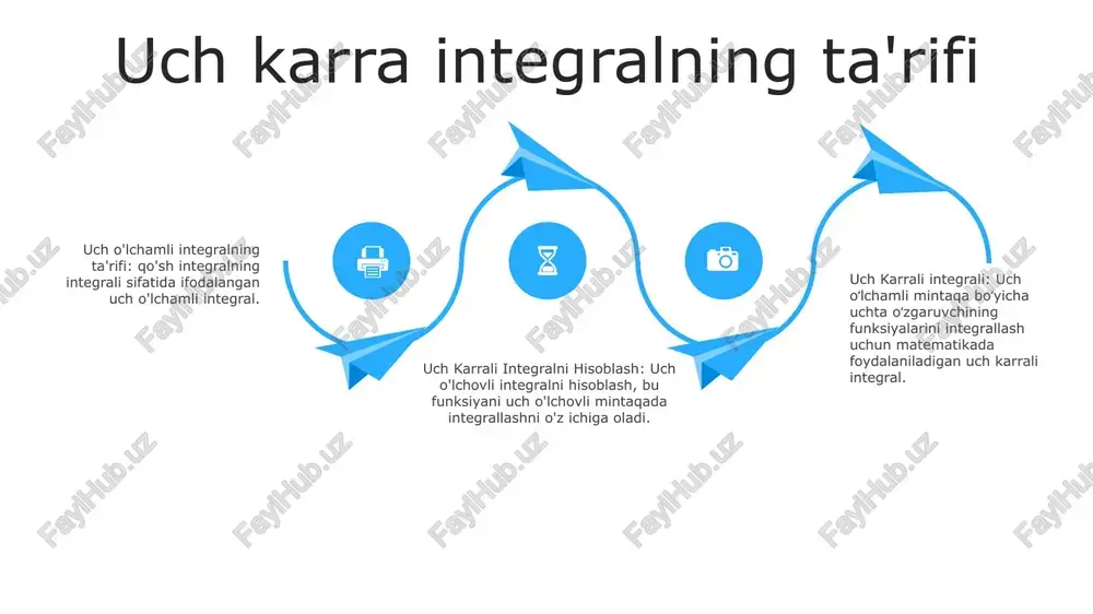 izimlarining xatti-harakatlarini modellashtirish uchun ishlatiladi. fizikada qo‘llanilishi: uch karrali integrali fizikaning turli sohalarida, jumladan suyuqliklar mexanikasi va issiqlik uzatishda suyuqliklar oqimi va issiqlik uzatish jarayonlari bilan bog‘liq murakkab matematik masalalarni yechishda qo‘llaniladi. matematikada qo'llanilishi: uch karrali integrali matematik tahlilda, xususan, murakkab funktsiyalarni o'rganishda muhim rol o'ynaydi. u koshi integral formulasi va qoldiq teoremasi kabi turli matematik tushunchalarni aniqlash va tadqiq qilish uchun ishlatiladi. yuqori o'lchamlarga umumlashtirish uch karrali integrali: uch karrali integrali uchta o‘zgaruvchili funksiyalar uchun aniqlangan riman integralining umumlashtirilishidir. u kichik parallelepipedlarning funktsiya qiymatlari va hajmlari mahsuloti yig'indisining chegarasi sifatida hisoblanadi. yuqori o'lchamlarga umumlashtirish: integralni yuqori o'lchamlarga kengaytirish uni hajm yoki giper hajmli integral sifatida belgilashni o'z ichiga oladi, bunda integral bir nechta o'zgaruvchilarning funktsiyasidir. uch karrali integralini hisoblash: 3 o‘lchovli fazoda r mintaqasida uzluksiz f(x, y, z) funksiya berilgan bo‘lsa, uch karrali integrali ∫∫∫r f(x, y, z) dv sifatida hisoblanadi, bunda dv = dx dy dz hajm elementini …