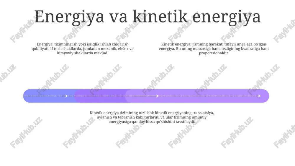 k energiya ko'p zarrachali tizimda umumiy ke har bir zarrachaning individual ke yig'indisidir. biroq, ba'zi hollarda, zarrachalarning umumiy harakati tufayli qo'shimcha ke bo'lishi mumkin, bu faqat individual ke ni yig'ish bilan hisobga olinmaydi. kollektiv kinetik energiyaning tuzilishi kollektiv kinetik energiya (ke) tizim ichidagi alohida zarrachalar emas, balki butun tizimning harakati bilan bog'liq bo'lgan ke ni anglatadi. energiyani taqsimlash kollektiv ke zarralar o'rtasida turli yo'llar bilan taqsimlanishi mumkin. masalan, aylanuvchi qattiq jismda ke zarralar o'rtasida ularning aylanish markazidan masofasiga qarab taqsimlanadi. issiqlik kinetik energiya issiqlik kinetik energiya - molekulalarning tasodifiy harakati tufayli ega bo'lgan energiya - harorat va massaga bog'liq - yuqori harorat = katta kinetik energiya kinetik energiyaning tuzilishi- translatsion energiya: butun molekulaning harakati- aylanish energiyasi: molekulaning o'z o'qi atrofida aylanishi- tebranish energiyasi: molekula ichidagi atomlarning tebranishi issiqlik kinetik energiya va harorat - harorat molekulalarning o'rtacha kinetik energiyasining o'lchovidir - harorat oshishi bilan o'rtacha kinetik energiya ortadi. gravitatsion potentsial energiya …