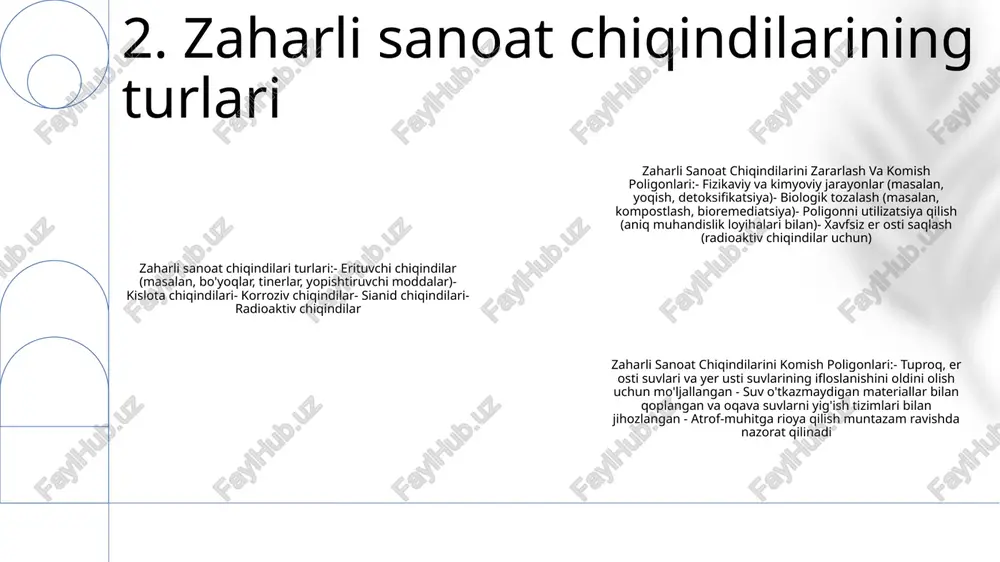 irishni o'z ichiga oladi. 6. poligon monitoringi va texnik xizmat ko'rsatish poligon gazini boshqarish: qazib olish quduqlari va olov yoqish yoki energiyani qayta tiklash tizimlari orqali chiqindi gazini samarali yig'ish va tozalash. atrof-muhit ifloslanishini oldini olish uchun oqava suvni boshqarish: chiqindilarni parchalash natijasida hosil bo'lgan suyuqlikni to'g'ri yig'ish va tozalash. chiqindilarni poligonni ishga tushirish va yopish: poligon ishlarini diqqat bilan rejalashtirish va amalga oshirish, uchastka tanlash va qurishdan tortib yopilish va yopilgandan keyingi parvarishlashgacha. 7. poligon gazlari va oqava suvlarni boshqarish chiqindixonalarning atrof-muhitga ta'siri:- iqlim o'zgarishiga hissa qo'shadigan metan, issiqxona gazini chiqaradi.- suyultirilgan suv er osti suvlarini ifloslantiradi, ichimlik suvi manbalariga ta'sir qiladi.- hidlar chiqaradi va zararkunandalarni o'ziga jalb qiladi, bu esa aholi salomatligini tashvishga soladi. zaharli sanoat chiqindilarini zararlash va komish poligonlari:- zaharli sanoat chiqindilarini qayta ishlash uchun mo'ljallangan ixtisoslashtirilgan inshootlar.- xavfli kimyoviy moddalarni parchalash orqali atrof-muhit ifloslanishining oldini olish.- yonish, zararsizlantirish va qotib qolish kabi turli texnologiyalarni qo'llash. …