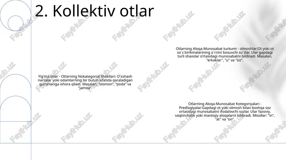 bat kotegoriyalari:nouns classified based on the relationships they express, such as belonging (-ning), possession (-niki), etc. 8. sanoqsiz otlar birlik otlar (otlarning nokategorial shakllari): "kitob", "mushuk" yoki "stul" kabi yakka, o'ziga xos shaxslarga ishora qiluvchi otlar. atributiv otlar (aloqa-munosabat turkum lugʻati): “qizil” (“kitob”ni oʻzgartirish), “maishiy” (“mushuk”ni oʻzgartirish) yoki “yogʻoch” (“stul”ni oʻzgartirish) kabi boshqa otlarni tavsiflovchi yoki oʻzgartiruvchi otlar. ). egalik otlari (otlarning aloqa-munosabat toifalari): “johnning kitobi”, “mushukning ovqati” yoki “stulning oyoqlari” kabi egalik yoki egalikni bildiruvchi otlar. 9. birlik otlar ko'plik otlari: otlar bir nechta shaxsga murojaat qilish uchun ishlatiladi. otlarning nokategorial shakllari: hech qanday ma'lum bo'lish turkumiga kirmaydigan ko'plik ot shakllari. otlarning aloqa-munosabat kotegoriyalari: plural noun forms that indicate a specific relationship or connection between entities. 10. ko‘plikdagi otlar inson otlari:- "talaba", "doktor" yoki "do'st" kabi odamlarni bildiruvchi otlar.- ular jins, kasb yoki boshqa xususiyatlarni bildirishi mumkin. otlarning nokategorial shakllari:- infinitiv yoki gerund kabi modallik yoki zamonni ifodalamaydigan fe'l …