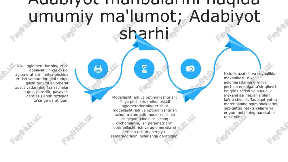 uqlik haroratini aniqlash: - nikel aglomeratlarining suyuqlik haroratini aniqlash optimal eritish sharoitlarini ta'minlaydi. bunga aglomeratlarning erish nuqtasini o'lchash uchun yuqori haroratli mikroskop yoki differentsial termal tahlildan foydalanish orqali erishiladi. shlakni urish: - eritish jarayonining qo'shimcha mahsuloti bo'lgan erigan cüruf vaqti-vaqti bilan o'choqdan chiqariladi. shlak tarkibida eritilgan metalldan ajratilgan aralashmalar va kiruvchi elementlar mavjud. natijalar va muhokama zaryadda aglomeratlar mavjudligi gaz o'tkazuvchanligini yaxshiladi va gaz va oksid zarralari o'rtasida yanada samarali aloqa qilish imkonini berdi. oksidlangan nikel aglomeratlari aglomeratsiyalanmagan nikel oksidlariga qaraganda yuqori qaytaruvchanlikni ko'rsatdi. aglomeratsiya jarayoni kiruvchi fazalarning shakllanishini kamaytirdi va natijada olingan nikel matining sifatini yaxshiladi. xarakterlash texnikasi morfologik xarakteristikalar: skanerli elektron mikroskopiya (sem) va energiya dispersiv rentgen spektroskopiyasi (eds) aglomeratlarning sirt morfologiyasi va elementar taqsimlanishini ochib beradi, don chegaralarini, teshiklarni va har qanday sirt nuqsonlarini aniqlaydi. termal tahlil: termogravimetrik tahlil (tga) va differensial skanerli kalorimetriya (dsc) aglomerat isitish vaqtida og'irlik va issiqlik o'zgarishlarini o'lchaydi, faza o'tishlarini, parchalanish reaktsiyalarini …