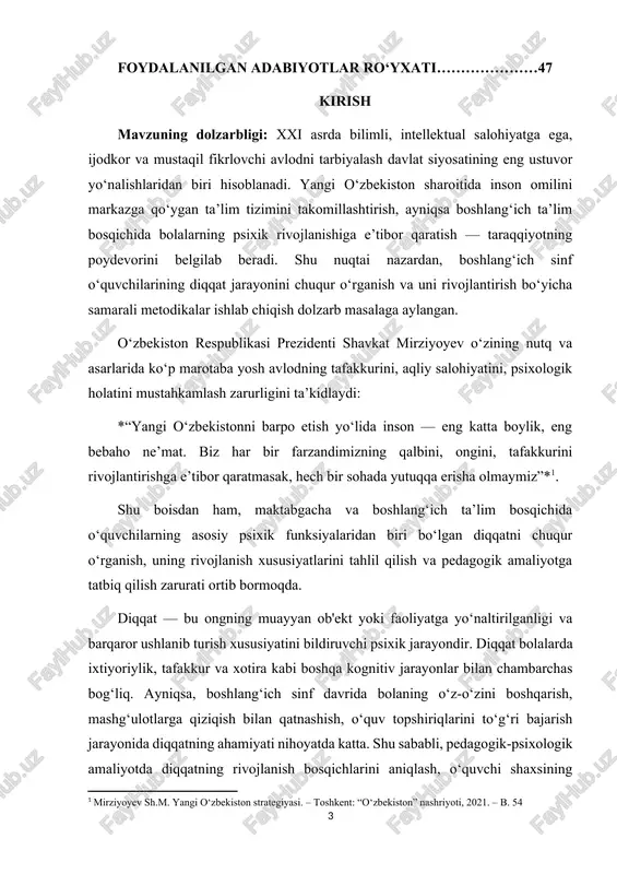 boshlang‘ich sinf bosqichida amalga oshiriladigan psixopedagogik ishlarning ustuvorligini anglatadi. chunki aynan shu davrda bola shaxsining asosiy xususiyatlari, jumladan, diqqatning barqarorligi va faolligi shakllanadi. [2: mirziyoyev sh.m. yangi o‘zbekiston strategiyasi. – toshkent: “o‘zbekiston” nashriyoti, 2021. – b. 54] psixologik tadqiqotlar shuni ko‘rsatmoqdaki, boshlang‘ich sinf yoshidagi bolalarning diqqati hali barqaror emas, uni muayyan faoliyatga jalb qilish va uzoq vaqt saqlab qolish qiyin. vygotskiy, galperin, luriya, bojovich kabi psixologlarning tadqiqotlarida diqqatning rivojlanish bosqichlari, ixtiyoriy va ixtiyorsiz diqqat, ularning o‘ziga xos psixik mexanizmlari atroflicha o‘rganilgan. ammo bu ilmiy yondashuvlarni ta’lim jarayoniga tatbiq etish, metodik asosda takomillashtirish bugungi pedagogika fanining muhim vazifasidir. kurs ishining dolzarbligi shundan iboratki, boshlang‘ich ta’lim bosqichida o‘quvchilarning diqqat jarayoni hali shakllanish bosqichida bo‘ladi. shu sababli, bu davrda samarali metodik usullar yordamida diqqatni rivojlantirish, o‘quvchilarda bilimlarni chuqur va barqaror o‘zlashtirish imkonini beradi. bunda psixodiagnostik testlar, vizual vositalar, interfaol mashg‘ulotlar va diqqatni rivojlantiruvchi o‘yinlarning ahamiyati beqiyosdir. shuningdek, prezidentimiz shavkat mirziyoyev ta’kidlaganidek, *“o‘qituvchining o‘zi …