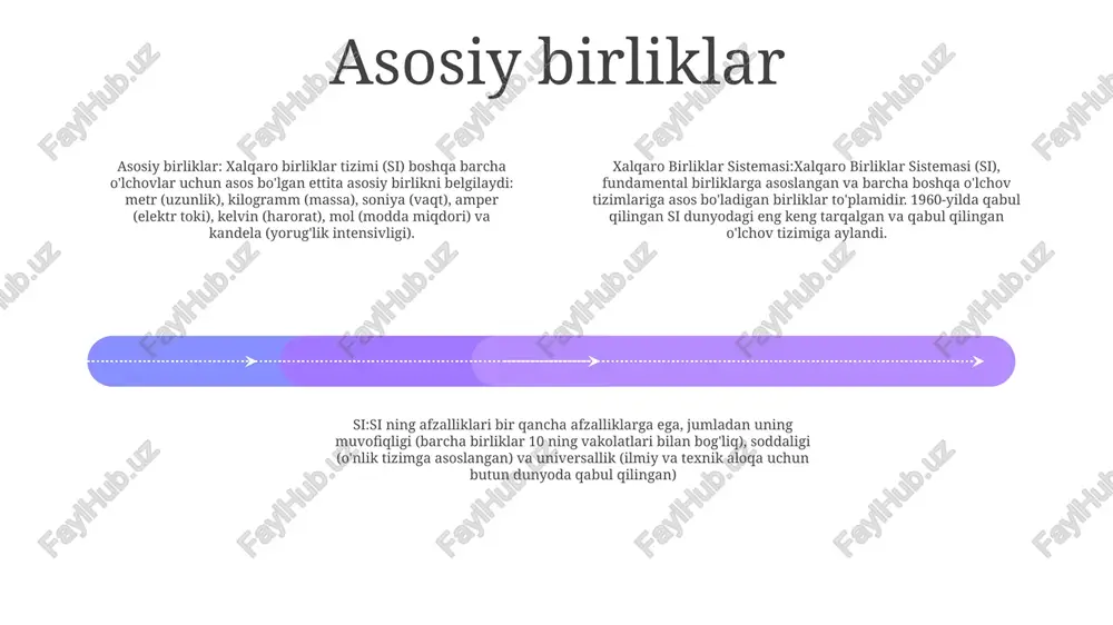 h va tasniflash orqali o'lchov aniqligi va aniqligini baholash. xalqaro birliklar tizimi: xalqaro birliklar tizimi (si), standartlashtirilgan o'lchov tizimi butun dunyo bo'ylab ilmiy va texnologik aloqa uchun umumiy tilni ta'minlaydi. systeme international d'unites (si): xalqaro birliklar tizimi (si) uzunlik, massa, vaqt, elektr toki, harorat, moddaning miqdori va yorug'lik intensivligining asosiy birliklarini belgilaydi. noaniqlik va aniqlik aniqlik bir xil miqdorning bir nechta o'lchovlari o'rtasidagi kelishuv yaqinligini ko'rsatadi. noaniqlik o'lchovning haqiqiy qiymati tushishi mumkin bo'lgan mumkin bo'lgan qiymatlar oralig'ini tavsiflaydi. xalqaro birliklar sistemasi (si) xalqaro birliklar tizimi metrik tizimning zamonaviy shakli bo'lib, dunyoda eng keng tarqalgan o'lchov tizimi hisoblanadi. si birliklari o'lchovlardagi noaniqlik va aniqlikni ifodalash uchun ishlatiladi. standartlar va kuzatuv standartlar va kuzatuv: xalqaro standartlar o'lchovlarning aniqligi va izchilligini ta'minlaydi. traceability o'lchovlarni xalqaro birliklar tizimi (si) bilan bog'lab, ularning ishonchliligini kafolatlaydi. xalqaro birliklar sistemasi (si): si metrik tizimning zamonaviy shaklidir. u ettita asosiy birlikdan iborat: metr, kilogramm, soniya, amper, kelvin, mol …