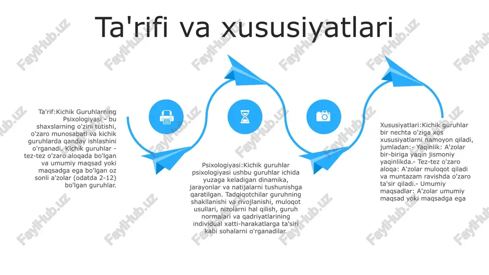 ida ma'lumot almashish usullari, shu jumladan og'zaki va og'zaki bo'lmagan muloqot va kuch dinamikasining aloqaga ta'siri. qaror qabul qilish: guruhlar qaror qabul qilish jarayonlari, shu jumladan konsensus yoki ko'pchilik qoidasi kabi turli yondashuvlar, shuningdek, guruhning muvofiqligi va guruh fikrining qaror sifatiga ta'siri. guruh rahbariyati va qaror qabul qilish guruh normalari - ta'rif: guruh xatti-harakatlarini boshqaradigan aytilmagan yoki yozilmagan qoidalar - funktsiyalar: ko'rsatmalar beradi, tartibni saqlaydi, bashorat qilishni oshiradi, noaniqlikni kamaytiradi - me'yorlarning buzilishi: ijtimoiy norozilikka, izolyatsiyaga yoki chiqarib yuborishga olib kelishi mumkin. guruhning uyg'unligi - birlashuvga ta'sir etuvchi omillar: vazifalarning o'zaro bog'liqligi, umumiy maqsadlar, tashqi tahdidlar, kichik guruh hajmi - birlashishning ta'siri: motivatsiyani oshirish, aloqani yaxshilash, ishlash samaradorligini oshirish groupthink- ta'rif: guruh muqobil istiqbollarni tanqidiy baholamasdan konsensusga erishadigan vaziyat - sabablari: guruhning kuchli hamjihatligi, qarama-qarshi fikrlarning yo'qligi, muvofiqlashtirish bosimi - oqibatlari: noto'g'ri qaror qabul qilish, muhim ma'lumotlarni e'tiborsiz qoldirish, xavfli tanlovlar. ilovalar va ta'sirlar bola rivojlanishiga ta'siri:- kognitiv rivojlanish: bolalar …