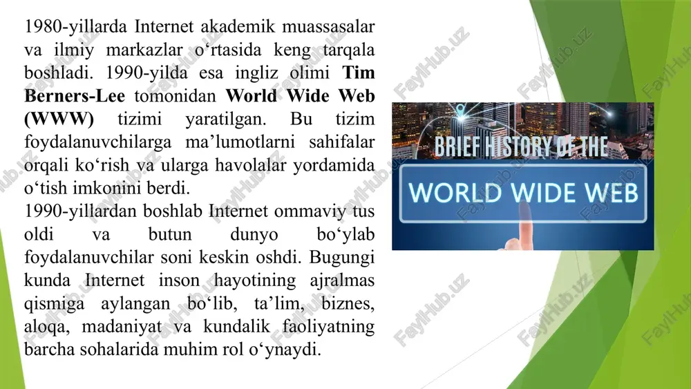 otlarni tahlil qiladilar, balki yangi uslubiy yondashuvlarni ham ishlab chiqmoqdalar. masalan, raqamli tarix (digital history) yo‘nalishi paydo bo‘lib, u kompyuter texnologiyalari orqali tarixiy jarayonlarni modellashtirish, ma’lumotlarni tizimlashtirish va interaktiv tarzda taqdim etish imkonini bermoqda. internet tarix faniga global miqyosda yangi imkoniyatlar eshigini ochdi. u tarixiy bilimlarni kengaytirish, saqlash va kelajak avlodlarga yetkazishda beqiyos vosita sifatida xizmat qilmoqda. 3.tarixiy tadqiqotlarda internet vositalarining roli bugungi tarixchilar uchun internet — faqat ma'lumot manbasi emas, balki ularning ishlarining asosiy qismi. raqamli tarixshunoslik (digital history) yangi tarmoq bo'lib o'sdi. tarixchilar onlayn arxivlar, raqamli kutubxonalar, interaktiv xaritalar, ma'lumotlarni tahlil qilish uchun maxsus dasturlar va boshqa vositalardan foydalanadi. onlayn arxivlar interaktiv xaritalar raqamli kataloglar ma'lumot tahlili misol uchun, "mapping history" loyihasi o'tmish davrlarning xaritalarini yaratib, vaqt o'tishi bilan uning o'zgarishlarini ko'rsatadi. tarixchilar bu xaritalardan geografik o'zgarishlari, harbiy yurish-turish, ijtimoiy migratsiyani tahlil qilishda foydalanadi. bunday vositalar tarixiy tadqiqotlarni chuqurroq va interaktivroq qiladi. tarixchilar o'z ishlarini global hamjamiyat bilan …