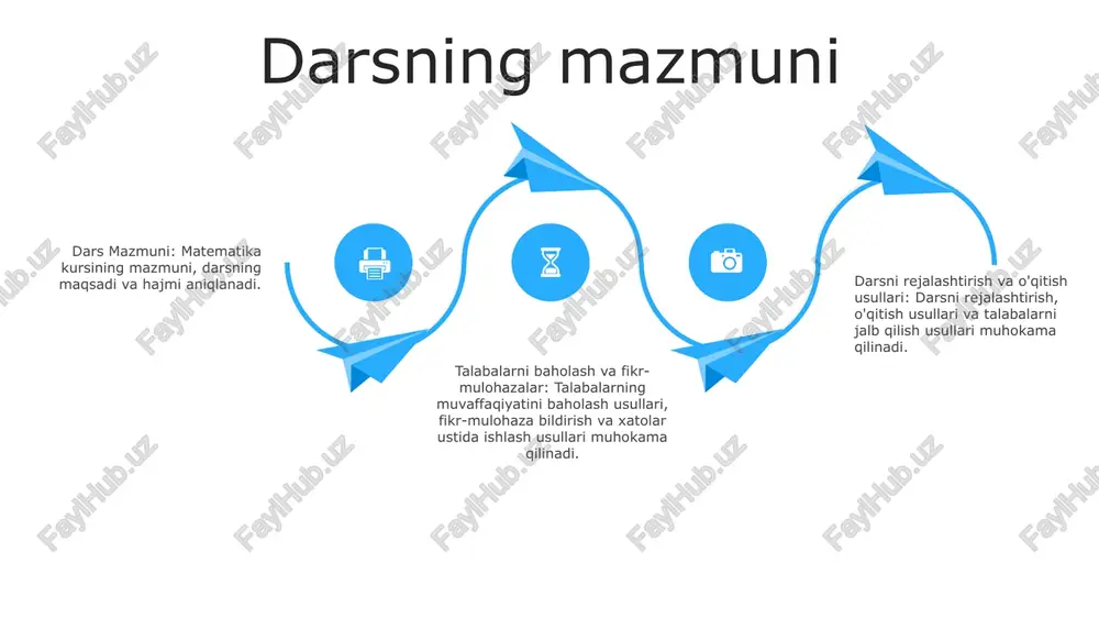 esigning problem-solving lessons and organizing students for effective learning. matematika kechasi dars, dars mazmuni, texnologik xaritalar tuzish: planning and organizing math lessons, including the creation of technological resources. muammoli dars va uni tashkil qilish usullari: designing and implementing problem-solving lessons in mathematics. matematika kechasi: talabalar va oilalar matematika bilan bog'liq mashg'ulotlar bilan shug'ullanadigan kechki tadbir. o'zlashtirmagan talabalar bilan ishlash o'zlashtirmaydigan talabalar bilan ishlash: qiyinchiliklarni aniqlang, strategiyalarni amalga oshiring va o'zlashtirish bilan kurashayotgan talabalarga yordam bering. dars, dars mazmuni, texnologik xaritalar tuzish: plan effective lessons, create meaningful content, and utilize technology to enhance student engagement. muammoli dars va uni tashkil qilish usullari: muammoli darslarning mohiyatini tushunish, turli yondashuvlarni o'rganish va samarali o'qitish strategiyalarini ishlab chiqish. 06 05 04 03 02 talabalarning uy vazifasi 01 02 talabalarning uy vazifasi: sinfda o'rganishni mustahkamlash uchun muntazam topshiriqlar. dars, dars mazmuni: dars va uning mazmuni, sinfdagi ta'limning o'zagini tashkil qiladi. 03 texnologik xaritalar tuzish: dars …