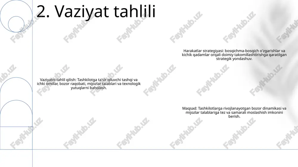 ish uchun mustahkam baholash tizimini o'z ichiga oladi. 6. amalga oshirish rejasi operatsion strategiyasi: maqsadlar va o'lchov samaradorlikni o'lchash: maqsad sari taraqqiyotni kuzatish vositasi operatsion strategiyasini o'lchash: muvaffaqiyat uchun asosiy samaradorlik ko'rsatkichlari (kpi) 7. ishlash samaradorligini o'lchash xatarlarni baholash- potensial xavflarni va ularning yuzaga kelish ehtimolini aniqlaydi.- tashkilotlarga xavflarni jiddiylik va taʼsirga qarab ustuvorligini aniqlashga yordam beradi.- xatarlarni kamaytirish uchun resurslarni samarali taqsimlash boʻyicha qaror qabul qilish haqida maʼlumot beradi. harakatlar strategiyasi- turk ta'limida o'quv dasturining bir qismi sifatida jismoniy harakatga urg'u beradigan yaxlit yondashuvni nazarda tutadi.- kognitiv qobiliyatlarni, vosita rivojlanishini va ijtimoiy-emotsional farovonlikni oshirishga qaratilgan.- raqs, sport va jismoniy kabi faoliyatlarni o'z ichiga oladi. o'yinlar o'quv jarayoniga kiradi. risklarni boshqarish- potentsial xavflarni aniqlash, baholash va ularga javob berishni o'z ichiga oladi.- xatarlarning tashkilot maqsadlari va faoliyatiga ta'sirini minimallashtirishga qaratilgan.- risklarni kamaytirish, xavfdan qochish, xavfni uzatish va xavfni qabul qilish kabi choralarni o'z ichiga oladi. 8. xavf-xatarni baholash favqulodda vaziyatlarni …