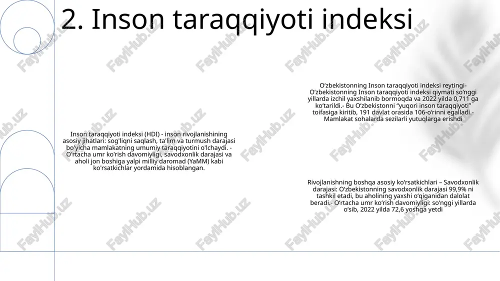 -o‘rinni egallagan bo‘lsa, 2021-yilda 122-o‘rin, 2020-yilda esa 129-o‘rinni egalladi. o‘zbekiston “ochiq hukumat” va “tartib va ​​xavfsizlik” yo‘nalishlari bo‘yicha eng yaxshi ko‘rsatkichlarga erishdi hamda “hukumat vakolatlarini cheklash” va “fuqarolik odil sudlovi” sub indekslarini yaxshilashda sezilarli yutuqlarga erishdi. 6. qonun ustuvorligi indeksi jahon matbuoti erkinligi indeksi: 2023-yilda o‘zbekiston 46,47 ball bilan 180 mamlakat ichida 132-o‘rinni egalladi, bu 2022-yildagi 157-o‘rindagi avvalgi reytingga nisbatan biroz yaxshilanganini aks ettiradi. o‘zbekistonning xalqaro reytingdagi o‘rni: 2023-yilda o‘zbekistonning reytingi bir qancha xalqaro indekslarda yaxshilandi. iqtisodiy erkinlik indeksida u 126-o‘ringa ko‘tarildi, korrupsiyani his qilish indeksida esa 118-o‘ringa ko‘tarildi. qiyinchiliklar va imkoniyatlar: ushbu yutuqlarga qaramay, o'zbekiston hamon ommaviy axborot vositalari erkinligi va shaffofligi nuqtai nazaridan muammolarga duch kelmoqda. hukumat aksariyat ommaviy axborot vositalarini nazorat qilishda davom etmoqda va mustaqil jurnalistlar tez-tez ta'qib va ​​qo'rqitishlarga duch kelishmoqda 7. jahon matbuot erkinligi indeksi 1. global peace index (gpi) - bu mamlakatlarning tinchlikparvarlik darajasiga ko'ra reytingini tuzadigan yillik indeks. o‘zbekiston 2022 yilgi gpi …