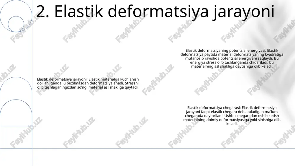 - muvozanat holatidan siljish. energiyani tejash: elastik tizimda tashqi kuchlar yoki damping bo'lmaganda umumiy mexanik energiya (kinetik ortiqcha potentsial) doimiy bo'lib qoladi. deformatsiya jarayonida kinetik energiya potentsial energiyaga aylanadi va aksincha, doimiy umumiy energiya muvozanatini saqlaydi. 7. elastik tizimlarda energiyani tejash amaliy mulohazalar: elastik deformatsiya odatda buloqlar, amortizatorlar va tebranish amortizatorlari kabi muhandislik dasturlarida qo'llaniladi. elastik deformatsiyalangan jismlarda saqlanadigan potentsial energiyani tushunish ushbu tizimlarni loyihalash va tahlil qilish uchun juda muhimdir. elastik deformatsiyaning potentsial energiyasi: elastik deformatsiyalangan jismda saqlanadigan potentsial energiya formula bilan ifodalanadi: u = (1/2)kx^2, bu erda k - prujina konstantasi va x - deformatsiya. potensial energiya ob'ektni deformatsiya qilish uchun qilingan ishni ifodalaydi va elastik energiya sifatida saqlanadi. ilovalar: elastik deformatsiyaning potentsial energiyasi turli sohalarda, jumladan, mashinasozlik, qurilish muhandisligi va materialshunoslikda qo'llanilishini topadi. u konstruksiyalarning yuk ko'tarish qobiliyatini aniqlash, energiyani yutuvchi qurilmalarni loyihalash va elastik tizimlarning dinamik harakatlarini tahlil qilish uchun ishlatiladi. 8. amaliy mulohazalar e'tiboringiz uchun …