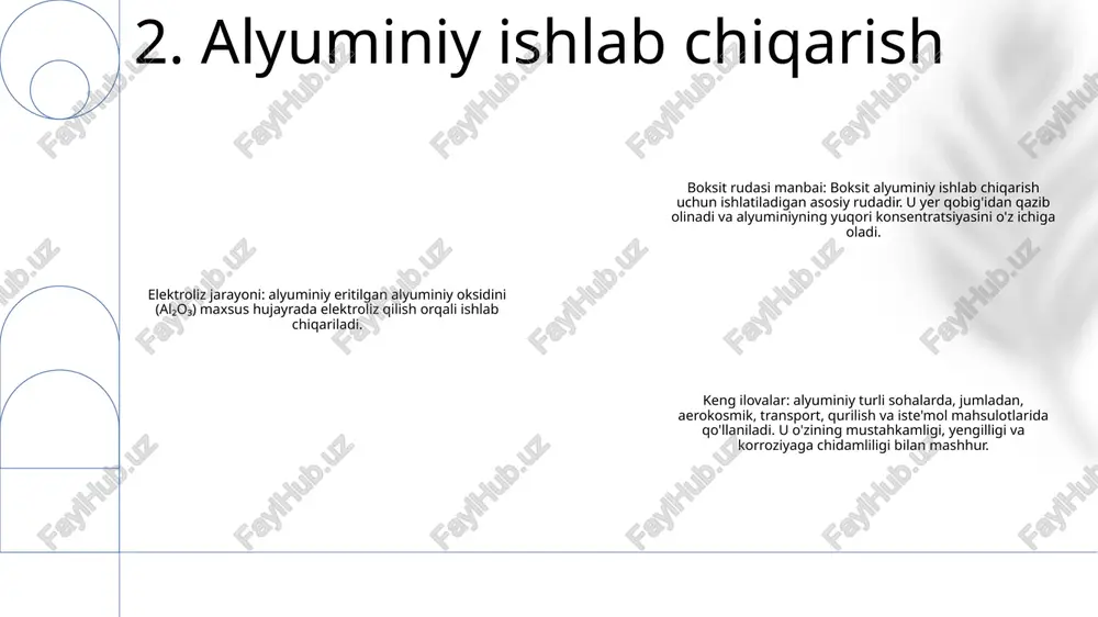 lilik va energiya samaradorligini ta'minlaydi. elektr ilovalarida alyuminiy: alyuminiyning mukammal elektr o'tkazuvchanligi uni elektr uzatish liniyalari, simlar va elektronikada keng qo'llashga imkon beradi, energiyani samarali taqsimlash va aloqani osonlashtiradi. 6. alyuminiyning iqtisodiy ahamiyati ekologik mulohazalar - alyuminiyni qazib olish va qayta ishlash atrof-muhitga ifloslantiruvchi moddalarni chiqarishni o'z ichiga oladi. - boksit qazib olish ekotizimlarni buzishi mumkin, tozalash jarayonlari esa issiqxona gazlarini chiqaradi. sog'liq uchun xavf-xatar - alyuminiy changi va tutuniga ta'sir qilish nafas olish muammolariga, jumladan, fibroz va o'pka saratoniga olib kelishi mumkin. - alyuminiyning ta'siri nevrologik muammolar, jumladan altsgeymer kasalligi bilan bog'liq. ekologik ta'sirlar- alyuminiyning ifloslanishi suv ekotizimlariga zarar etkazishi, baliq va boshqa yovvoyi tabiatga ta'sir qilishi mumkin.- tuproqdagi alyuminiy cho'kishi o'simliklarning o'sishiga to'sqinlik qilishi va tuproq kimyosini o'zgartirishi mumkin. 7. ekologik mulohazalar 1: "alyuminiy va uning birikmalarini olinishi va xossalari" alyuminiy va uning birikmalarining turli sanoat tarmoqlaridagi kelajak istiqbollarini ko'rib chiqadi. u transport, qurilish, aerokosmik va elektronika kabi …