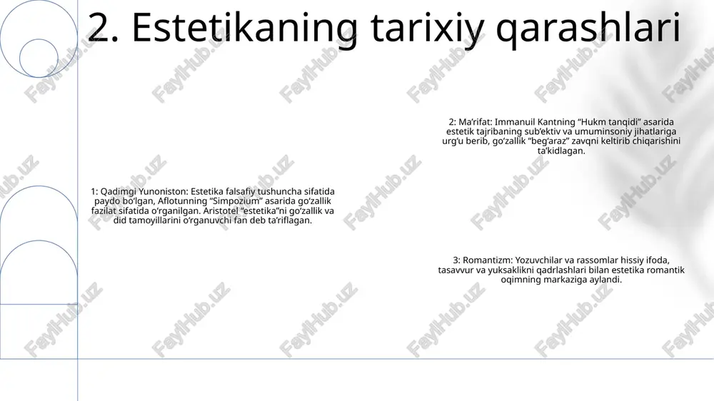 lanishimiz estetik munosabatimizga sezilarli ta'sir ko'rsatishi mumkin. rasm travmatik xotira tufayli salbiy his-tuyg'ularni uyg'otishi mumkin, ma'lum bir hid esa nostalji yoki quvonch hissini uyg'otishi mumkin. 6. estetikaning sub'ektivligi estetik tajriba:- san’at yoki tabiat asari bilan qizg‘in va o‘zgaruvchan uchrashuv.- qo‘rquv, hayrat va muloqot tuyg‘ulari bilan ajralib turadi.- tushunish, empatiya va qadrlashni kuchaytiradi. estetika:- falsafaning go‘zallik, did va san’at bilan bog‘liq bo‘limi.- sensorli idrok, go‘zallik va estetik tajriba tabiatini o‘rganadi.- badiiy ijod va qadrlashni boshqarish uchun nazariya va tamoyillarni ishlab chiqadi. estetik:- go‘zallik, did yoki badiiy tamoyillar bilan bog‘liq.- estetik tuyg‘ularni uyg‘otuvchi ob’ektlar, muhitlar yoki tajribalarni tasvirlash uchun ishlatiladi.- ko‘pincha uyg‘unlik, muvozanat va yuksaklik kabi fazilatlar bilan bog‘liq. 7. estetik tajriba estetikani o'lchash: go'zallikni idrok etish miqdorini aniqlash estetik: falsafaning go'zallik va didning tabiati bilan bog'liq bo'limi. estetika: sensorga asoslangan mulohazalar va go'zallik yoki badiiy qiymatni sub'ektiv idrok etishni o'rganadi. 8. estetikani o'lchash estetikaning iqtisodiy ta'siri: tadqiqotlar shuni ko'rsatdiki, jozibali mahsulotlar, …