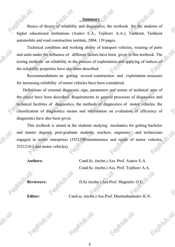ics means and information on evaluation of efficiency of diagnostics have also been given. this textbook is aimed at the students studying mechanics for getting bachelor and master degrees, post-graduate students, teachers, engineers and technicians engaged in motor enterprises (5521200-maintenance and repair of motor vehicles, 5521210-land motor vehicles). authors: cand.sc. (techn.) ass. prof. asatov e.a. cand.sc. (techn.) ass. prof. tojiboev a.a. reviewers: d.sc (techn.) ass.prof. magrufov o.e. editor: cand.sc. (techn.) ass.prof. dustmuhamedov k.n. mundarija 9kirish 12birinchi bo'lim. ishonchlilik nazariyasi asoslari 12i. transportda ishonchlilik jihatlari 121.1. ishonchlilikning falsafiy jihati 121.2. ishonchlilikning iqtisodiy jihati 142. transport vositalarining texnik holati va ishlash +obiliyati 142.1. transport vositalarining texnik holati va ishlash qobiliyati ko'rsatkichlari va tushunchalar 172.2. buzilish va nosozlik 173. transport vositalari detal va uzellarining 17ekspluatatsiya jarayonida o'zgarishi 173.1. transport vositasi detallarining eskirishi, zanglashi, emirilishi va eyilishi 193.2. ishqalanish 213.3. eyilish 233.4. transport vositasi detallarining o'ziga xos eyilish qonuniyatlari 274. ishonchlilik xususiyatlari va ularning …
