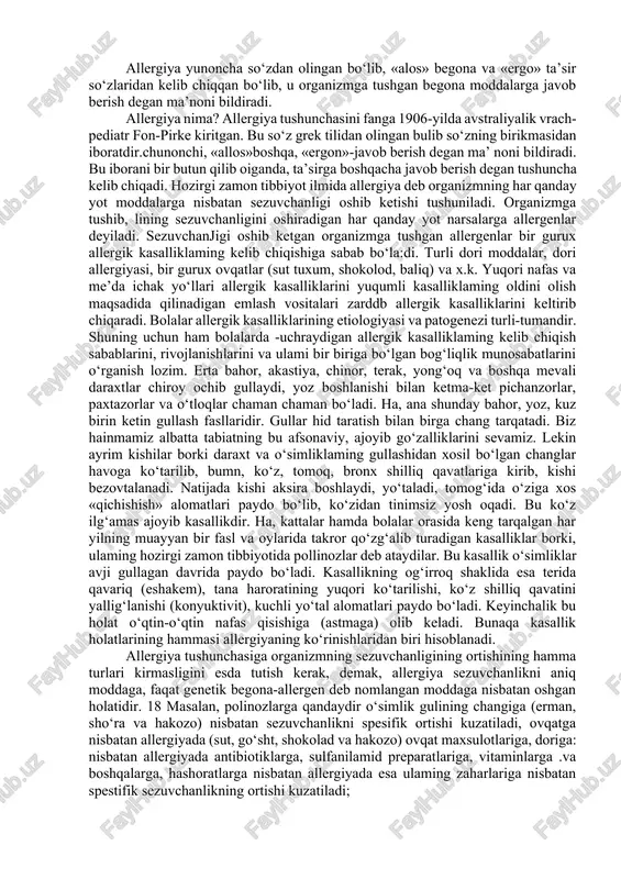 x.k. yuqori nafas va me’da ichak yo‘llari allergik kasalliklarini yuqumli kasalliklaming oldini olish maqsadida qilinadigan emlash vositalari zarddb allergik kasalliklarini keltirib chiqaradi. bolalar allergik kasalliklarining etiologiyasi va patogenezi turli-tumandir. shuning uchun ham bolalarda -uchraydigan allergik kasalliklaming kelib chiqish sabablarini, rivojlanishlarini va ulami bir biriga bo‘lgan bog‘liqlik munosabatlarini o‘rganish lozim. erta bahor, akastiya, chinor, terak, yong‘oq va boshqa mevali daraxtlar chiroy ochib gullaydi, yoz boshlanishi bilan ketma-ket pichanzorlar, paxtazorlar va o‘tloqlar chaman chaman bo‘ladi. ha, ana shunday bahor, yoz, kuz birin ketin gullash fasllaridir. gullar hid taratish bilan birga chang tarqatadi. biz hainmamiz albatta tabiatning bu afsonaviy, ajoyib go‘zalliklarini sevamiz. lekin ayrim kishilar borki daraxt va o‘simliklaming gullashidan xosil bo‘lgan changlar havoga ko‘tarilib, bumn, ko‘z, tomoq, bronx shilliq qavatlariga kirib, kishi bezovtalanadi. natijada kishi aksira boshlaydi, yo‘taladi, tomog‘ida o‘ziga xos «qichishish» alomatlari paydo bo‘lib, ko‘zidan tinimsiz yosh oqadi. bu ko‘z ilg‘amas ajoyib kasallikdir. ha, kattalar hamda bolalar orasida keng tarqalgan har …