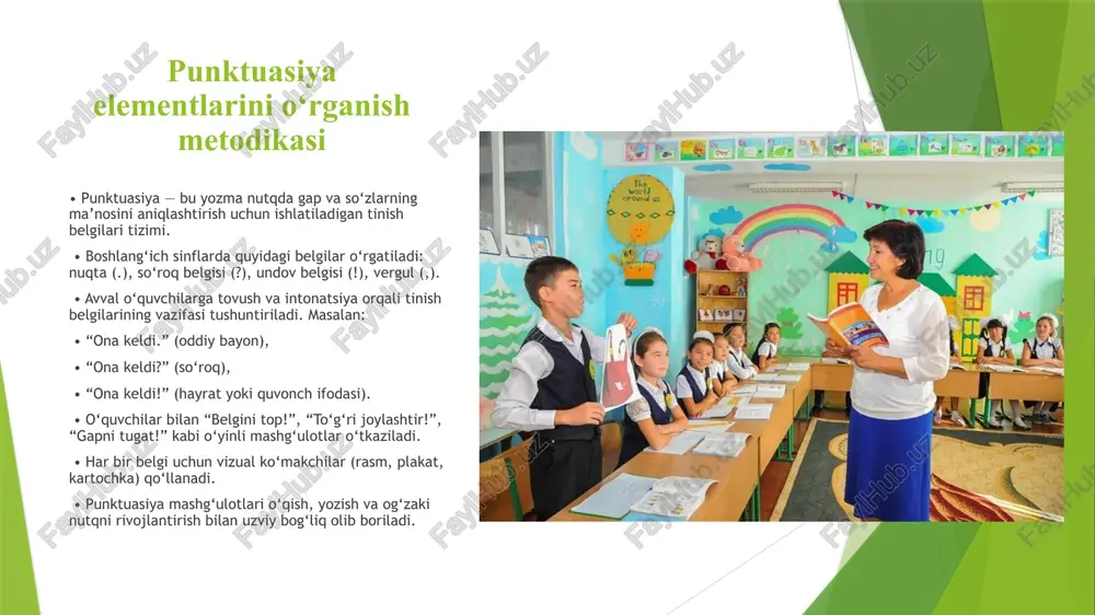 di. badiiy asarni tahlil qilishning maqsadi • badiiy asar – bu bola tasavvurini kengaytiruvchi, insoniy fazilatlarni shakllantiruvchi vosita. • asarni tahlil qilish orqali o‘quvchi: • matn mazmunini anglaydi, • qahramonlarning xatti-harakatini baholaydi, • yaxshi-yomonni farqlaydi, • o‘z fikrini ifoda etishni o‘rganadi. • tahlil o‘quvchini ijodiy fikrlashga, o‘z pozitsiyasini bildirishga o‘rgatadi. • o‘qituvchi tahlil jarayonida o‘quvchilarning his-tuyg‘usini inobatga olib, ularni mustaqil fikrlashga yo‘naltiradi. badiiy asarni tahlil qilish bosqichlari 1. tayyorlov bosqichi: muallif haqida qisqacha ma’lumot, asarning janri, davri, qahramonlar haqida suhbat. 2. ifodali o‘qish: o‘qituvchi yoki o‘quvchi asarni ifodali tarzda o‘qib eshittiradi. 3. mazmunni aniqlash: asardagi asosiy voqealar, joy, vaqt, qahramonlar belgilanadi. 4. qahramonlarni tahlil qilish: ularning fe’l-atvori, his-tuyg‘usi, xatti-harakatlari muhokama qilinadi. 5. asarning g‘oyasi va saboqlarini aniqlash: yozuvchi nima demoqchi bo‘lganini topish. 6. ijodiy faoliyat: rasm chizish, sahnalashtirish, qisqa hikoya yozish. 7. xulosa bosqichi: o‘quvchi o‘z fikrini aytadi, “men bu asardan nimani o‘rgandim?” degan savolga javob beradi. xulosa • boshlang‘ich …