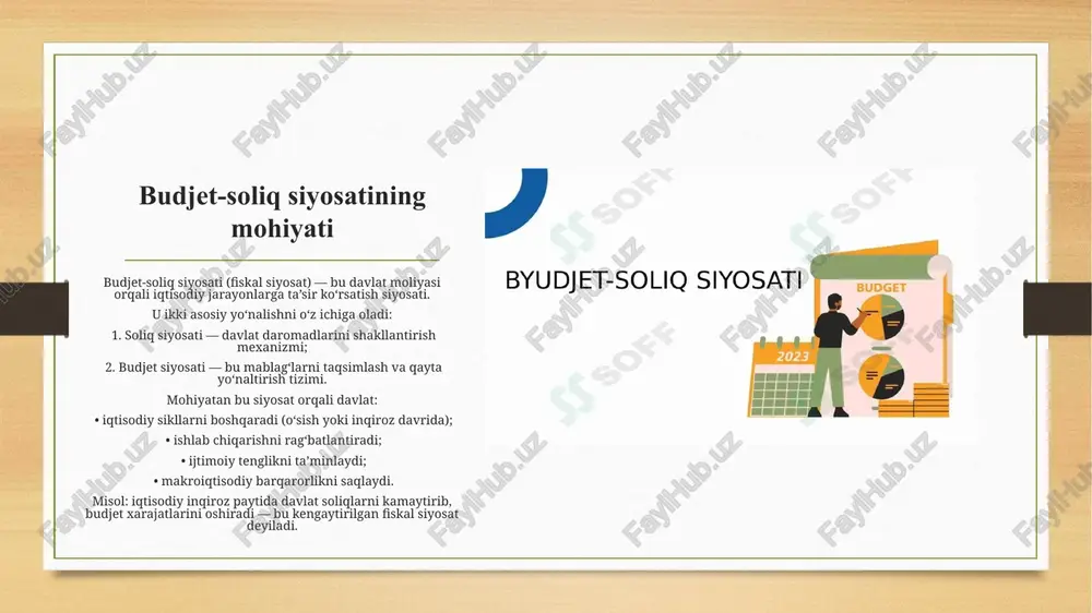 halarni moliyalashtirish; • davlat qarzlarini boshqarish amalga oshiriladi. budjet siyosatining maqsadlari 1. samarali resurs taqsimoti – budjet mablag‘larini eng muhim sohalarga yo‘naltirish. 2. ijtimoiy himoya – nafaqalar, stipendiyalar, subsidiyalar. 3. infratuzilma loyihalarini moliyalashtirish. 4. davlat qarzini kamaytirish va defitsitni nazorat qilish. 5. mahalliy budjetlarni mustaqil qilish. misol: o‘zbekistonda “obod qishloq” va “obod mahalla” dasturlari mahalliy budjet mablag‘lari hisobidan amalga oshirilib, minglab infratuzilmalar barpo etildi. budjet-soliq siyosatining asosiy ko‘rinishlari 1. kengaytirilgan (ekspansion) fiskal siyosat • soliqlar kamaytiriladi, budjet xarajatlari oshiriladi. • maqsad: iqtisodiy o‘sishni tezlashtirish. • misol: pandemiya davrida davlat korxonalarga soliq imtiyozlari berdi. 2. toraytirilgan (restriktiv) fiskal siyosat • soliqlar oshiriladi yoki xarajatlar qisqartiriladi. • maqsad: inflyatsiyani kamaytirish. • misol: iqtisodiyot haddan tashqari “qizib” ketganda. o‘zbekistonning budjet-soliq siyosati • 2019-yilda yangi soliq kodeksi qabul qilindi. • soliq turlari 13 tadan 9 taga qisqartirildi. • qqs stavkasi 20% dan 12% ga tushirildi. • elektron soliq to‘lov tizimi joriy qilindi. • davlat …