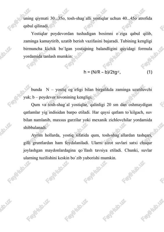 i va grunt zichlana boshlaydi. lyossli o`ta cho`kuvchan gruntlarni suvlash yordamida zichlash usuli kanallar va ulardagi inshootlar qurilishida keng qo`llaniladi. kanallarni beton bilan qoplashdan ilgari, ularning o`zani birmuncha davr suv ta`sirida bo`lishi lozim. bir joyga yig`ilgan gidrotexnika inshootlarini barpo etishda, qurilish maydonchasida bir qancha kichik o`lchamli handakchalar qaziladi va ularga suv quyiladi. suvning gruntga erkin sizib o`tishini ta`minlash uchun, handakchalar tovoniga 10 sm qalinlikkacha qum sepiladi. odatda handaklar oraligi 4...7 m qabul qilinadi. suv yordamida tebratib zichlash usuli qumli va yirik bo`lakli gruntlar sharoitida yaxshi samara beradi. tebratish paytida, bunday gruntlarning bo`laklari orasidagi ishqalanish kuchlari kamayadi, natijada ular orasida o`zaro siljish yuz berib, grunt o`zining xususiy og`irligi ta`sirida zichlanadi. 4. gruntlarni qotirish usullari gruntlarni maxsus kimyoviy qorishmalar yoki issiqlik ta`sirida qotirib, ularning yuk ko`tarish qobiliyatini oshirish mumkin. qotirish usullari turli tuman bo`lib, ularni asosan qorishmaning turi bo`yicha bir-biridan farqlaydilar. gruntlarni tsement qorishmasi, suyuk shisha, maxsus smolalar (masalan, karbomid smolasi), bitum …