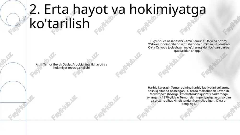 qarishda yordam beradigan qobiliyatli va sodiq shaxslarning byurokratiyasini yaratdi. huquqiy kodeks va adliya tizimi: temur “temur kodeksi” deb nomlanuvchi huquqiy kodeksni e’lon qilib, qonunlar va qonun-qoidalarning yaxlit tizimini yaratdi 5. ma'muriy tizim va boshqaruv ilmiy homiylik: amir temur astronomiya, matematika va tibbiyot kabi turli sohalardagi olimlarni qo‘llab-quvvatlagan. uning nabirasi ulug‘bek homiyligida samarqandda mashhur rasadxona tashkil etadi. arxitektura merosi: temur oʻz imperiyasi boʻylab muhtasham masjidlar, madrasalar va saroylar qurishni topshirdi. u dafn etilgan samarqanddagi gur-e amir maqbarasi uning me’moriy ulug‘vorligidan dalolatdir. adabiy homiylik: amir temur shoir va tarixchilarni uning zabtlari va yutuqlarini madh etuvchi asarlar yozishga undagan. uning tarixchisi sharafiddin ali yazdiy tomonidan yozilgan “zafarnoma” asari uning harbiy yurishlari haqidagi mashhur hikoyadir. 6. madaniy homiylik va meros temuriylar me’morchiligi: amir temurning me’morchilikdagi yangilik merosi o‘zining ulkan imperiyasi bo‘ylab foydalanishga topshirgan muhtasham binolarda yaqqol namoyon bo‘ladi. samarqand registoni: temur meʼmorchiligi yutuqlarining yuragi boʻlgan registon monumental maydon boʻlib, uchta katta madrasadan iborat boʻlib, …