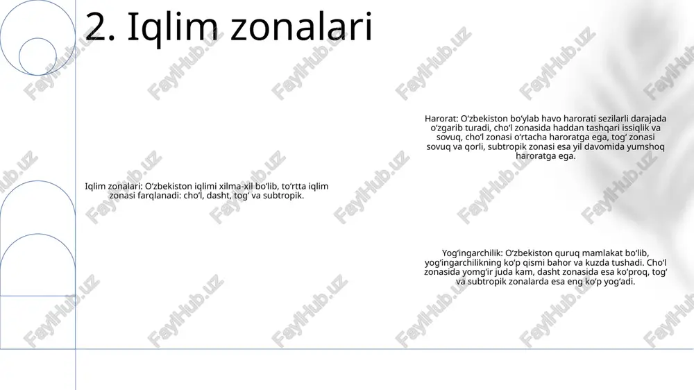 i haroratning ko'tarilishio'zbekistonda harorat o'rtacha jahon darajasidan tezroq ko'tarilmoqda. o‘rtacha harorat 1950-yillardan beri selsiy bo‘yicha 1,5 darajaga oshdi va asr oxiriga kelib yana 1,5-2,5 darajaga ko‘tarilishi prognoz qilinmoqda. haroratning ko‘tarilishi issiqlik bilan bog‘liq kasalliklar, suv tanqisligi va kasalliklarning tarqalishini kuchaytirishi kutilmoqda. qishloq xo'jaligiga ta'siri iqlim o'zgarishi o'zbekiston qishloq xo'jaligiga sezilarli ta'sir ko'rsatmoqda. qurg‘oqchilik va toshqinlar hosildorlikni pasaytirib, hosilning nobud bo‘lish xavfini oshirmoqda. haroratning ko‘tarilishi qishloq xo‘jaligi ekinlari va chorvachilikka ham stress keltirib, hosildorlik va mahsuldorlikni pasaytirmoqda 7. iqlim o'zgarishi ekotizimga ta'siri: iqlim o'zgarishi butun dunyo, jumladan, o'zbekistonda ekotizimlarning o'zgarishiga olib keladi. ushbu o'zgarishlar ushbu ekotizimlarda yashovchi o'simlik va hayvon turlariga sezilarli ta'sir ko'rsatishi mumkin oʻzbekiston iqlimi: oʻzbekiston iqlimi kontinental, yozi issiq va qishi sovuq. mamlakatdagi oʻrtacha yillik harorat 13,9 °c (57 °f). yillik oʻrtacha yogʻin miqdori 376 mm (14,8 dyuym). oʻzbekiston iqlimiga uning oʻrta osiyodagi joylashuvi, shuningdek, uning atrofidagi togʻlar va choʻllar taʼsir koʻrsatadi. iqlim o'zgarishining ta'siri: iqlim o'zgarishi o'zbekiston …
