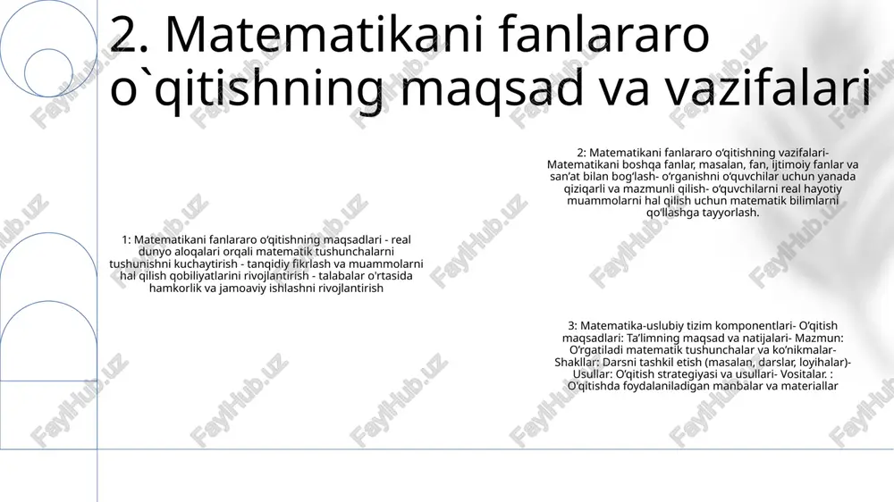 ar matematikani boshqa fanlar bilan integratsiyalash, muammolarni yechish ko‘nikmalari va kontseptual tushunishni rivojlantirish orqali o‘qitish amaliyotini yaxshilashi mumkin. 2. ta'limda matematik usullar: matematik ta'lim sohasida o'qitish va o'qitish jarayonlarini o'rganish, o'quv dasturlari va o'qitish strategiyalarini optimallashtirish uchun matematik usullar qo'llaniladi. 3. tizim komponentlari: o’qitishdagi matematik-uslubiy tizim o’quv jarayoniga tizimli rahbarlik qilishni maqsad qilib qo’ygan maqsadlar, mazmun, shakllar, usullar va vositalar kabi o’zaro bog’langan tarkibiy qismlardan iborat. 6. fanlararo o‘qitishda matematik modellar fanlararo matematika ta'limida akt vositalari: akt vositalari matematika ta'limida inqilob qildi, interfaol simulyatsiyalar, virtual manipulyatorlar va o'quvchilarning mavhum tushunchalarni tushunishlarini kuchaytiruvchi qiziqarli o'yinlarni taklif qildi. ular muammolarni hal qilish, hamkorlik va shaxsiylashtirilgan o'rganishni osonlashtiradi. boshlang‘ich matematika ta’limi fan predmeti sifatida: boshlang‘ich matematika ta’limi o‘quvchilarda matematik ravonlik va masalalar yechish ko‘nikmalarini rivojlantirishga qaratilgan. bu raqamlar tushunchalari, operatsiyalar, o'lchov, geometriya va ma'lumotlar tahlilini tushunishni o'z ichiga oladi matematik-uslubiy tizimdagi fanlararo aloqalar:matematika fan, texnika, texnika va san’at kabi boshqa fanlar bilan chambarchas …
