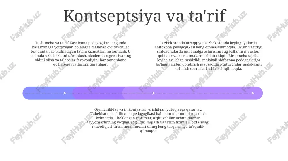 di, ijtimoiy shovqinni rag'batlantiradi va umumiy farovonlikni yaxshilaydi. 1. ta'lim olish imkoniyatlarini kengaytirdi: kasalxona pedagogikasi uzoq davom etadigan kasalliklarga chalingan bolalar uchun ta'lim olish imkoniyatini sezilarli darajada yaxshiladi, bu ularga davolanish paytida o'qishni davom ettirish imkonini berdi. 2. yaxshilangan akademik natijalar: tadqiqotlar shuni ko'rsatdiki, shifoxona pedagogikasi bolalarning akademik ko'rsatkichlariga ijobiy ta'sir ko'rsatishi, ta'limdagi bo'shliqlarni kamaytirish va kasalxonaga yotqizilganiga qaramay, ta'lim uzluksizligini saqlab qolish. qiyinchiliklar va imkoniyatlar o'zbekistonda kasalxona pedagogikasini rivojlantirish muammolari - kasalxona pedagogikasi bo'yicha ixtisoslashgan o'qituvchilarning etishmasligi - kasalxona pedagogikasi dasturlari uchun mablag' va resurslarning cheklanganligi o'zbekistonda kasalxona pedagogikasini rivojlantirish imkoniyatlari - kasalxonaga yotqizilgan bolalar uchun ta'limning ahamiyati tobora ortib bormoqda. o‘zbekistonda ilg‘or kasalxona pedagogikasi bo‘yicha taklif etilayotgan yechimlar- kasalxona o‘qituvchilari uchun milliy sertifikatlashtirish dasturini yaratish- kasalxona pedagogikasi dasturlari uchun mablag‘ ajratish va resurslarni ko‘paytirish eng yaxshi tajribalar va xalqaro hamkorlik dalillarga asoslangan amaliyotlar: kasalxonaga yotqizish vaqtida bolaning rivojlanishi va farovonligini rag'batlantirish uchun o'yin terapiyasi, art terapiya va ongni …