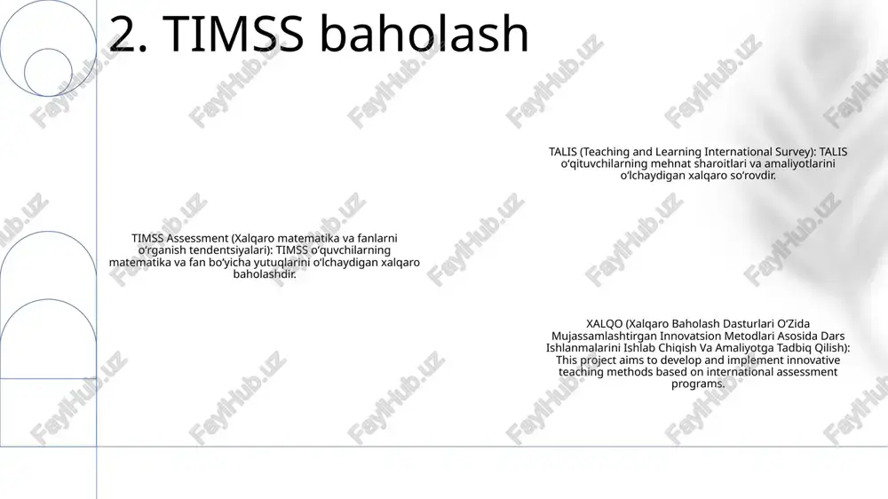 trends in international mathematics and science study): o‘quvchilarning matematika va tabiiy fanlar bo‘yicha bilim va ko‘nikmalarini baholovchi xalqaro baholash. 2. pisa (programme for international student assessment): 15 yoshli o‘quvchilarning o‘qish, matematika va tabiiy fanlar bo‘yicha faoliyatini o‘lchaydigan uch yilda bir marta o‘tkaziladigan baholash. 3. agma (assessment of global math achievement): 6-8-sinf o‘quvchilarining matematik bilim va ko‘nikmalarini o‘lchaydigan yillik baholash. 9. qiyinchiliklar va imkoniyatlar 1: ushbu trening timss, pisa, agma va talis kabi xalqaro baholash dasturlari haqida umumiy maʼlumot beradi va oʻqituvchilarga ularning oʻqitish amaliyotini takomillashtirishdagi ahamiyatini tushunishga yordam beradi. 2: darsni loyihalash va amalga oshirishni yaxshilash uchun ushbu baholashlarda mujassamlangan muammoli echimlar, tanqidiy fikrlash va hamkorlikda o'rganish kabi innovatsion metodologiyalarni o'rganadi. 3: ishtirokchilar ushbu dasturlardan namunaviy test materiallari orqali amaliy bilimlarga ega bo‘ladilar, ularni jahon ilg‘or tajribalariga mos dars rejalarini ishlab chiqish va amalga oshirish uchun jihozlaydilar. 10. xulosa e'tiboringiz uchun rahmat @taqdimot_robot image1.png /docprops/thumbnail.jpeg