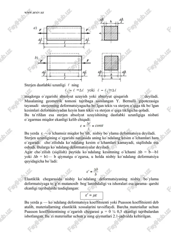 yerda e – birinchi tur elastiklik moduli yoki yung moduli deb atalib, kuchlanish o`lchov birligida ifodalanadi va materiallarning elastiklik xossasini tavsiflaydi. aniqrog`i uning qiymati qancha katta bo`lsa, material shuncha elastik deb hisoblanadi. 2.1-jadvalda ba`zi materiallar uchun e ning qiymati keltirilgan. agar elastiklik moduli e ning qiymati hamma yo`nalishlarda bir xil bo`lsa, u holda material izotrop deyiladi; izotrop materiallarga po`lat, cho`yan, quyma metallar va shu kabilar misol bo`ladi. aksincha, elastiklik moduli e ning qiymati hamma yo`nalishlarda turlicha bo`lsa, u holda material anizotrop deyiladi; yog`ochlar anizotrop material hisoblanadi. (2.13) ni nazarda tutib, oxirgi formulani quyidagicha yozamiz: endi markaziy cho`zilish (siqilish)ga oid masalalarni statik, geometrik va fizik nuqtayi nazardan tahlil qilish natijasida kelib chiqadigan xulosalar bilan tanishamiz. yuqoridagi formulalarni sterjenning absolyut deformatsiyasi ∆l ga nisbatan yechib, quyidagiga ega bo`lamiz: bu yerda ea – sterjenning cho`zilish va yoki siqilishdagi bikrligi. (2.16) formuladan quyidagi xulosalarga kelish mumkin: 1) bir xil o`lchamli sterjenlarning absolyut deformatsiyalari ta`sir …