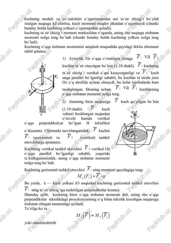 i (1.20- shakl). juft ko`rinishda belgilanadi. juft tashkil etuvchi kuchlarning ta`sir chiziqlari orasidagi eng qisqa masofa juftning yelkasi deyiladi va h bilan belgilanadi. juft yotgan tekislik juftning ta`sir tekisligi deyiladi. juftni bitta kuch bilan almashtirish yoki muvozanatlash mumkin emas, ya`ni juft teng ta`sir etuvchiga ega bo`lmaydi. shu sababli faqat juft ta`siridagi jism ilgarilanma harakat qila olmasdan aylanma harakatga keladi. juftning momenti deb, mos ishora bilan olingan juft tashkil etuvchilaridan birining modulini juft yelkasiga ko`paytmasiga teng bo`lgan kattalikka aytiladi va quyidagicha aniqlanadi: juft jismni soat milining aylanishi bo`yicha aylantirishga intilsa uning momenti musbat va aksincha, manfiy bo`ladi. juftning aylantiruvchi ta`siri juftning kuchlari miqdoriga hamda ular orasidagi masofaga bog`liq ekanligini tiskga mahkamlangan rezba ochish jarayonida osongina tushunish mumkin (1.21-shakl). juft momenti vektor kattalik bo`lib, uning yo`nalishini «parma» qoidasi bilan aniqlash mumkin: parma dastasini juftni tashkil etuvchi kuchlar yo`nalishida, juftning ta`sir tekisligi bo`ylab aylantirganda parmaning ilgarilanma harakatiga qarab juftning momenti musbat yoki manfiy …