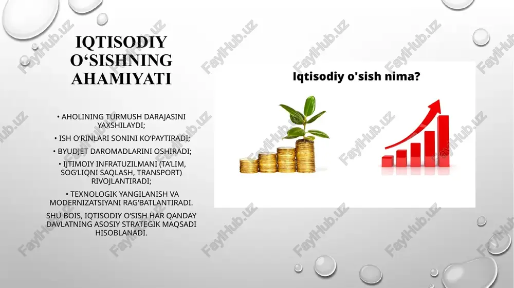 larni joriy etish orqali intensiv o‘sish yo‘li tanlanmoqda. masalan, “raqamli o‘zbekiston – 2030” dasturi, “yashil energiya” loyihalari shular jumlasidandir. iqtisodiy o‘sishni ta’minlashda davlat siyosatining roli davlat iqtisodiy o‘sishni ta’minlashda muhim o‘rin tutadi. asosiy yo‘nalishlar: • investitsiya siyosatini takomillashtirish; • innovatsiyalarni qo‘llab-quvvatlash; • ta’lim va kadrlar tayyorlash tizimini rivojlantirish; • soliq imtiyozlari orqali ishlab chiqarishni rag‘batlantirish; • raqobatbardosh muhit yaratish. bu chora-tadbirlar iqtisodiy o‘sishni intensiv yo‘nalishga yo‘naltiradi. xulosa iqtisodiy o‘sish — mamlakat taraqqiyoti va aholi farovonligini belgilovchi asosiy omildir. ekstensiv o‘sish dastlabki bosqichlarda zarur bo‘lishi mumkin, ammo uzoq muddatli rivojlanish uchun intensiv yo‘l muhimroq. ilm-fan, innovatsiya, raqamli texnologiyalar va inson kapitaliga sarmoya kiritish orqali iqtisodiyotning samaradorligi oshadi. o‘zbekiston ham aynan intensiv iqtisodiy o‘sish modeli asosida rivojlanish yo‘lini tanlagan. e’tiboringiz uchun rahmat image2.png image3.png image4.jpg image5.jpeg image6.jpg image1.png /docprops/thumbnail.jpeg
