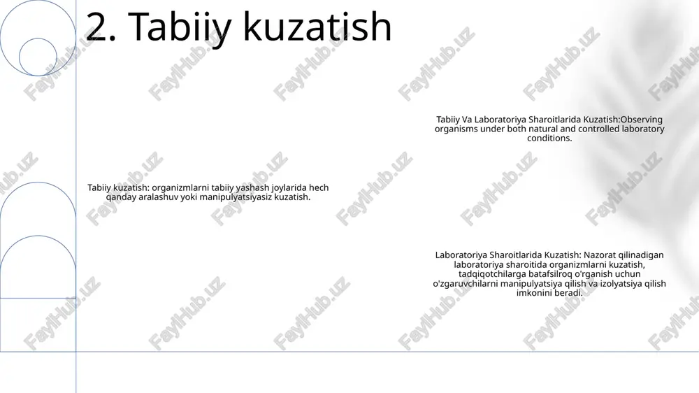 i, bu esa noxolis yoki noto'g'ri natijalarga olib kelishi mumkin. 2. cheklangan muddat: laboratoriya kuzatuvlari odatda qisqa vaqt ichida o'tkaziladi, ular uzoq muddatli xatti-harakatlar modellarini yoki vaqt o'tishi bilan yuzaga keladigan bosqichma-bosqich o'zgarishlarni ushlamasligi mumkin. 3. axloqiy tashvishlar: laboratoriya kuzatuvlarini o'tkazish axloqiy tashvishlarni keltirib chiqarishi mumkin, ayniqsa ishtirokchilar yoki hayvonlar ishtirok etganda. tadqiqotchilar sub'ektlarning farovonligi va maxfiyligini diqqat bilan ko'rib chiqishlari kerak. 7. laboratoriya kuzatuvining kamchiliklari 1. nazorat qilinadigan muhit: laboratoriya kuzatuvlari o'zgaruvchilarni boshqarish va izolyatsiya qilish mumkin bo'lgan boshqariladigan muhitni taklif qiladi, bu tadqiqotchilarga tashqi omillarning aralashuvisiz hodisaning o'ziga xos tomonlarini tekshirishga imkon beradi. 2. umumlashuvchanlik: tabiiy kuzatishlar kengroq nuqtai nazarni beradi va hodisalarni ularning real sharoitlarida o‘rganish imkonini beradi. bu topilmalarning umumlashtirilishini kuchaytiradi va organizmlarning ekologik va xulq-atvori murakkabligi haqida tushuncha beradi. 3. vaqt va xarajat: laboratoriya kuzatuvlari odatda maxsus asbob-uskunalar va boshqariladigan sharoitlarga bo'lgan ehtiyoj tufayli ko'proq vaqt talab qiladi va qimmatga tushadi. aksincha, tabiiy kuzatishlar tejamkorroq …