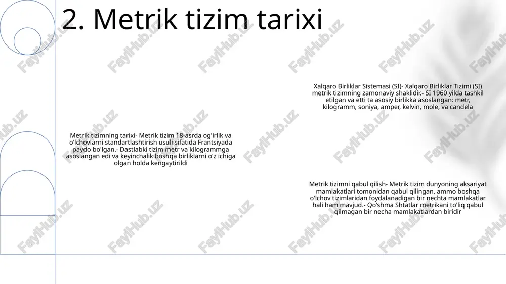 birlikning ko'paytmalari yoki kasrlarini ifodalash uchun si birliklariga qo'llaniladigan o'lchovsiz omillardir. ushbu prefikslar katta yoki kichik qiymatlarni 10 ning noqulay kuchlariga murojaat qilmasdan ifodalashning qisqacha usulini ta'minlaydi. 6. prefikslar birlik konvertori: uzunlik, massa va hajm kabi turli o'lchov birliklari o'rtasida qulay tarzda o'zgartiring. xalqaro birliklar tizimi (si): standartlashtirilgan si birliklari tizimiga amal qiladi va butun dunyo bo'ylab aniq va izchil o'lchovlarni ta'minlaydi. metrik tizim: metrik birliklar, jumladan, metrlar, kilogrammlar va litrlar o'rtasida oson konvertatsiya qilishni osonlashtiradi. 7. konvertatsiya omillari o'lchovdagi xatolar o'lchovdagi xatolar haqiqiy qiymatdan og'ishdir. ular turli omillar, jumladan, o'lchov vositasining aniqligi, o'lchovni o'tkazayotgan shaxsning mahorati va atrof-muhit sharoitlariga bog'liq bo'lishi mumkin. xalqaro birliklar sistemasi xalqaro birliklar sistemasi (si) metrik tizimning zamonaviy shakli bo'lib, dunyoda eng keng tarqalgan o'lchov tizimi hisoblanadi. u ettita asosiy birlikka asoslangan, ular metr, kilogramm, soniya, amper, kelvin, mol va kandela. o'lchov noaniqligi - bu o'lchovning haqiqiy qiymati yotadigan qiymatlar diapazoni. u ortiqcha yoki minus …