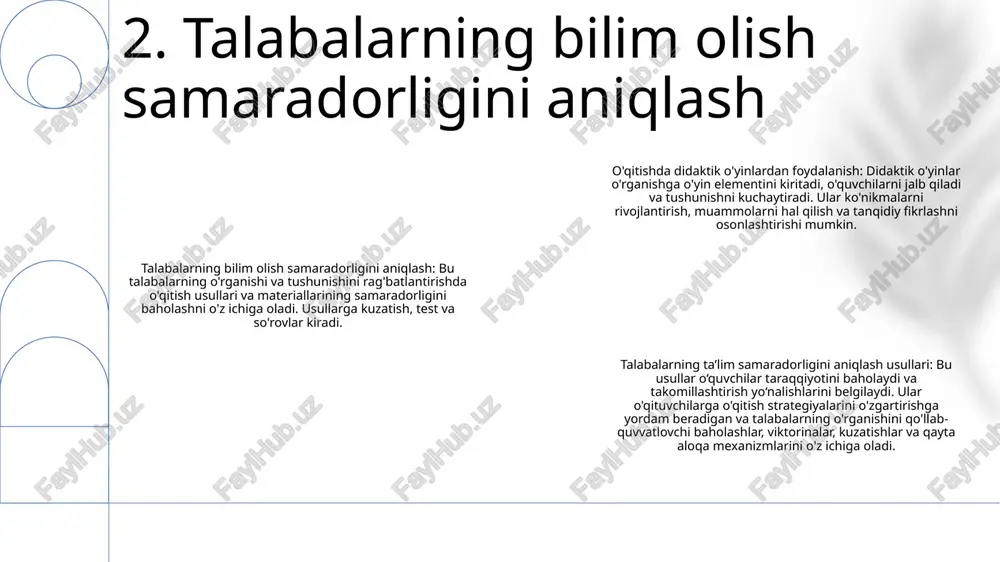 hunishni aniqlash uchun qisqa testlar - loyihalar: o'quvchilarga o'z bilimlarini ijodiy topshiriqlar orqali ko'rsatishga imkon berish. 6. didaktik o'yin usulining afzalliklari va muammolari 1: samarali didaktik o'yin usullari o'rganishni kuchaytiradi: tadqiqotlar doimiy ravishda o'qitishda didaktik o'yinlarni kiritish o'quvchilarning faolligini yaxshilaydi, motivatsiyani oshiradi va an'anaviy usullarga nisbatan bilimlarni yaxshiroq saqlashga olib keladi. 2: talabalar tushunchasini baholash: didaktik o'yin usullarini amalga oshirgandan so'ng o'quvchilarning tushunishini o'lchash uchun samarali baholash usullari juda muhimdir. ushbu usullar shakllantiruvchi baholash, tengdoshlarni baholash va individual taraqqiyot va yaxshilash sohalari haqida tushuncha beradigan samaradorlikka asoslangan vazifalarni o'z ichiga oladi. 3: interfaol yondashuvlar orqali faol o‘rganishni kuchaytirish: o‘qitishning interfaol usullari o‘quvchilarning faol ishtirokini ta’minlaydi va tanqidiy fikrlashni rag‘batlantiradi. birgalikda o'rganish, muammoli o'rganish va simulyatsiyalar o'quvchilarga bilimlarni shakllantirish va muammolarni hal qilish ko'nikmalarini rivojlantirishga yordam beradigan o'quvchilarga yo'naltirilgan muhitni ta'minlaydi. 7. samarali didaktik o'yin usullari bo'yicha tadqiqot natijalari sinf amaliyotida didaktik o‘yin usulini qo‘llash: bu usul o‘quvchilarning faolligi va tushunishini …