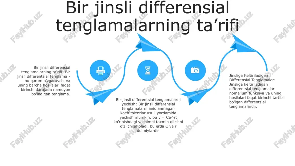irinchi tartibli differensial tenglamalar. ularni yechish:differensial tenglamalarni yechish tenglamani qanoatlantiradigan funksiyani topishni o‘z ichiga oladi. differensial tenglamalarni yechishning turli usullari mavjud, masalan, integratsiya, o'zgaruvchilarni ajratish va aniqlanmagan koeffitsientlar usuli. oliy tartibli bir jinsli differensial tenglamalarni yechish 2: bu tenglamalarning yechimi yordamchi tenglama deb ataladigan xarakterli ko‘pnomli tenglamaning yechimiga asoslangan. 1: jinsliga keltiriladigan differensial tenglamalar o'zgaruvchilari bo'lmagan va faqat hosilalari bo'lgan differentsial tenglamalardir. 3: yechimlarda yordamchi tenglamaning ildizlariga qarab oʻzgaruvchan koʻrsatkichli, sinus yoki kosinusli ifodalar boʻlishi mumkin. bir jinsli differentsial tenglamalarning umumiy yechimi 2: birinchi tartibli bir hil differensial tenglamani o'zgaruvchilarni ajratish yo'li bilan yechish mumkin va uning yechimi doimiyni e kuchiga ko'paytirishdan iborat. 1: nolinchi koʻrsatkichli koʻp nomli tenglamalar bilan aniqlangan differensial tenglamalarning umumiy yechimlari “bir jinsli yechimlar” deb ataladi. 3: yuqori tartibli bir jinsli differensial tenglamalarni xarakteristik tenglamaning ildizlari yordamida yechish mumkin. agar ildizlar haqiqiy bo'lsa, yechim trigonometrik funktsiyalarni o'z ichiga oladi, agar u murakkab bo'lsa, ko'rsatkichli funktsiyalarni o'z …