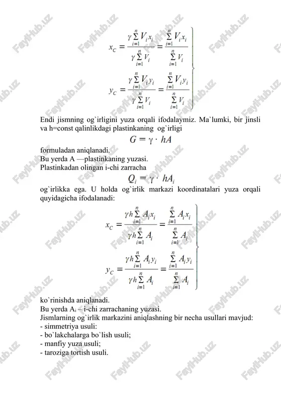 lari ixtiyoriy tekis shaklning o`qli yoki ekvatorial inersiya momenti deb miqdor jihatdan quyidagi integralga teng bo`lgan geometrik tavsifnomaga aytiladi: a) x o`qiga nisbatan b) y o`qiga nisbatan tekis shaklning qutb inersiya momenti deb quyidagi integral bilan aniqlanuvchi geometrik tavsifnomaga aytiladi: bunda ρ— elementar da yuzachadan qutb nuqtasi 0 gacha bo`lgan masofa. tekis shakllarning o`qli (ekvatorial) va qutb inersiya momentlari faqat musbat kattaliklardir. tekis shaklning markazidan qochirma inersiya momenti deb quyidagi integralga teng bo`lgan geometrik tavsifnomaga aytiladi: bittasi yoki ikkalasi ham tekis shaklning simmetriya o`qlari hisoblanuvchi o`qlarga nisbatan markazdan qochirma inersiya momentlari nolga teng bo`ladi. bundan tashqari, xy musbat va manfiy qiymatlarga ham ega bo`lishi mumkin. tekis shakllarning inersiya momentlari uzunlik birligining to`rtinchi darajasi (m4) da o`lchanadi. endi o`qli va qutb inersiya momentlari orasidagi bog`lanishni keltirib chiqaramiz. ga teng, u holda (1.42) formula ko`rinishga keladi. demak, tekis shaklning qutb inersiya momenti o`zaro perpendikular bo`lgan va qutb nuqtasidan o`tuvchi o`qlarga nisbatan olingan …