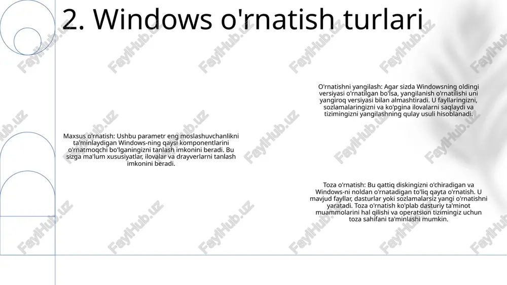 larni tartibga soluvchi va uni operatsion tizim va dasturlarga kirish imkonini beruvchi fayl tizimini yaratish jarayoni. umumiy fayl tizimlariga ntfs (windows), fat32 (eski qurilmalar) va ext4 (linux) kiradi. windows o'rnatish: windows operatsion tizimini kompyuterda o'rnatish jarayoni. bu qattiq diskni qismlarga ajratish, bo'limlarni formatlash, os fayllarini o'rnatish va foydalanuvchi va apparat sozlamalarini sozlashni o'z ichiga oladi. 6. diskni qismlarga bo'lish va formatlash kompyuteringiz windows uchun minimal tizim talablariga javob berishiga ishonch hosil qiling. windows o'rnatish muhitini (usb drayv yoki dvd) kompyuteringizga joylashtiring. kompyuteringizni qayta ishga tushiring, so'ngra o'rnatish muhitidan yuklash so'ralganda istalgan tugmani bosing. 7. windows o'rnatish o'rnatishdan keyingi konfiguratsiya windows operatsion tizimini kompyuterga o‘rnatish tarmoq sozlamalarini sozlash: windows-ni o'rnatganingizdan so'ng, kompyuteringizni tarmoqqa ulang va to'g'ri internet ulanishini ta'minlash uchun tarmoq sozlamalarini sozlang. bu wi-fi, ethernet yoki boshqa tarmoq ulanishlarini o'rnatishni o'z ichiga oladi. 8. o'rnatishdan keyingi konfiguratsiya 1. yangilash va toza oʻrnatish: mavjud windows oʻrnatishingizni yangilashni xohlaysizmi yoki barcha maʼlumotlar …