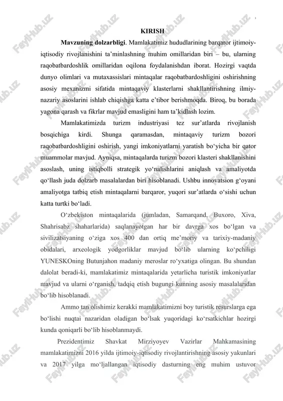 ngdek, valyuta zaxiralarini to‘ldirish bo‘yicha aniq chora-tadbirlar bilan kuchaytirilishi zarur” degan edi. respublikamiz mintaqalarida turistik klasterlarning shakllantirilishi turistik resurslardan to‘liq foydalanish zamirida yangi sayyohlik firmalari ochilishiga, oldindan mavjudlari ishini yanada faollashtirishga hamda zamonaviy turistik mahsulotlar tayyorlanishiga zamin hozirlaydi. mamlakatimizning barcha sayyohlik hududlarida turistik-rekreatsiya klasterlarini shakllantirish va sayyohlik majmualarini barpo etish hamda ularning xalqaro talablarga javob beradigan darajada bo‘lishiga erishish turistlar soni ortishiga ijobiy ko‘rsatadi. o‘z navbatida, ayni sohada ish o‘rinlari ko‘payishiga, hududlar infratuzilmasi yanada yaxshilanishiga, yalpi hududiy mahsulot hajmi o‘sishiga va aholining turmush tarzi farovonlashishiga xizmat qiladi. mavzuning o’rganilganlik darajasi. xorijiy mamlakatlarda turizmni rivojlantirish xususiyatlarini tadqiq qilish, undagi muammolarni aniqlab berish hamda mavjud muammolarni hal qilish boy’icha v.senin, v.s.bogolyubov, a.p.durovich, m.v.efremova, v.a.kvartalnov, s.b.julidov, s.skobkin va e.n.il‘ina kabi olimlar shug’ullanishgan hamda ilmiy izlanishlar olib borganlar. o’zbekistonda turizmini rivojlantirish masalalari va mintaqaviy xususiyatlari yuzasidan respublika olimlaridan m.q.pardayev, i.s.tuxliyev, g‗.h.qudratov, a.eshtayev, o.xomidov, b.turayev, d.usmanova, n.ibadullayev, r.amriddinova, b.safarov va m.alimova kabi olimlar izlanishlar olib …