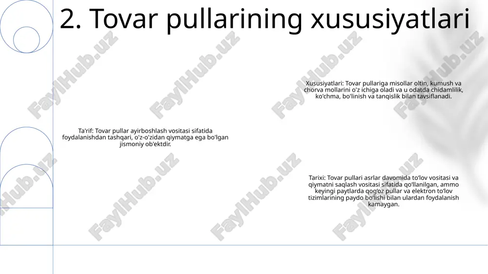 mush tovar puli sifatida mis tovar puli sifatida: mis qadimgi tsivilizatsiyalarda ayirboshlash vositasi sifatida hal qiluvchi rol o'ynagan, chunki uning chidamliligi va tanqisligi kabi xususiyatlari uni ayirboshlash uchun ishonchli tovarga aylantirgan. tovar pul munosabatlari: “tovar pul munosabatlari” atamasi karl marks tomonidan ishlab chiqilgan tovar pullar nazariyasiga ishora boʻlib, tovar ayirboshlash va jamgʻarish jarayoni orqali asta-sekin pulga aylanishini tushuntiradi. “tovar pul munosabatlari”da mis: marks nazariyasi kontekstida misga o‘ziga xos foydalanish qiymatiga ega bo‘lgan va sekin-asta pul funksiyalarini egallab, boylikni saqlash va ayirboshlash vositasiga aylangan qimmatbaho tovar sifatida qaraladi. 7. mis tovar puli sifatida temir o'rta asrlarning tovar puli sifatida: o'rta asrlarda evropa temirdan "temir barlar" deb nomlanuvchi pul birligi sifatida foydalangan. ushbu barlar standartlashtirilgan o'lcham va og'irliklarda ishlab chiqarilgan bo'lib, tangalar kam bo'lgan hududlarda amaliy ayirboshlash vositasi bo'lib xizmat qilgan. tovar pul munosabatlari:o‘zbekistonda “tovar pul munosabatlari” atamasi “tovar-pul munosabatlari” deb tarjima qilinadi. bu kontseptsiya iqtisodiyot doirasidagi tovar va pul o'rtasidagi o'zaro …