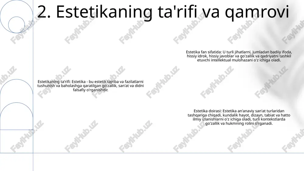imli qilishini va bu inson tajribasiga qanday ta'sir qilishini tushunishga intiladi. 3 estetik qadrlash: ob'ektlar, tajribalar yoki g'oyalarning go'zalligi va qiymatini tan olish va undan zavqlanish qobiliyati. bu hissiy va kognitiv javobni o'z ichiga oladi va madaniy va shaxsiy omillar ta'sir qilishi mumkin. 7. badiiy ifoda va estetik qadrlash madaniy va tarixiy ta'sirlar: san'at mintaqa madaniyati va tarixining aksidir. u mahalliy hamjamiyat uchun muhim bo'lgan voqealar, odamlar va joylarni tasvirlashi mumkin. san'atdan hikoyalar aytib berish va an'analarni etkazish uchun ham foydalanish mumkin. estetik: san'atning estetik qiymati sub'ektivdir va shaxsga qarab o'zgarishi mumkin. biroq, kompozitsiya, rang va shaklning muayyan tamoyillari ko'pincha estetik jihatdan yoqimli deb hisoblanadi. ushbu tamoyillar vizual jihatdan jozibali va hissiy jihatdan hayajonli san'at yaratish uchun ishlatilishi mumkin. simvolizm va metafora: ramz va metafora san'atda ma'noni etkazish uchun ishlatiladigan ikkita keng tarqalgan usuldir. belgilar ob'ektlar, g'oyalar yoki his-tuyg'ularni ifodalashi mumkin. metafora bir fikrni ifodalash uchun bir-biriga o'xshamaydigan ikkita narsani …