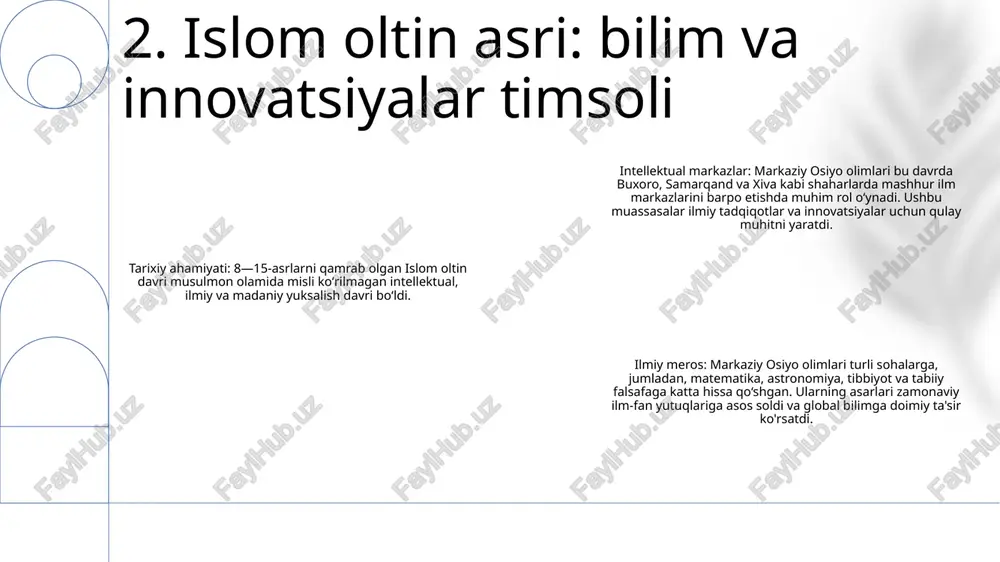 ga bo'lgan ishtiyoqni kuchaytirdi 6. astronomik rasadxonalar: osmonni tadqiq qilishda kashshoflar kutubxonalarning roli: kutubxonalar tarix davomida bilimlarni saqlash va uzatishda muhim rol o'ynagan, yozma asarlar ombori bo'lib xizmat qilgan va avlodlar uchun ma'lumotlardan foydalanish imkonini beradi. akademiyalarning yuksalishi: bag‘doddagi mashhur bayt al-hikma kabi akademiyalar turli sohalarda fikr almashish va yutuqlarni qo‘llab-quvvatlab, intellektual izlanish va ilm markazlari sifatida paydo bo‘ldi. markaziy osiyo olimlarining hissasi: o‘rta osiyo olimlari va kutubxonalari o‘z asarlari bilan ulkan geografik hududga ta’sir ko‘rsatishi bilan qadimgi sivilizatsiyalardan islomning oltin davrigacha bo‘lgan bilimlarni saqlash va yetkazishda katta rol o‘ynagan. 7. bilimlarni saqlash va uzatish: kutubxonalar va akademiyalar merosi ma'naviyatni tarbiyalash: zamonaviy ta'lim intellektual rivojlanishga urg'u beradi, ammo ma'naviyatga e'tibor bermaslik parchalanish va maqsad yo'qligiga olib kelishi mumkin. ma'naviy ta'limotlarni ta'limga integratsiyalash orqali biz o'z qadriyatlariga asoslangan sog'lom va barkamol shaxslarni tarbiyalashimiz mumkin. intellektual qiziquvchanlik: intellektual qiziqishni rag'batlantirish butun umr davomida o'rganishga bo'lgan muhabbatni rivojlantirish uchun juda muhimdir. ta'lim o'quvchilarning …