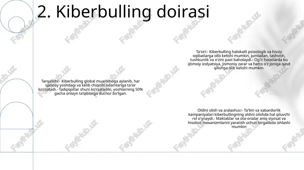 . xavfsiz va qo'llab-quvvatlovchi maktab muhitini yaratish: maktablar o'quvchilar hurmat va qo'llab-quvvatlashni his qiladigan ijobiy maktab muhitini yaratishi mumkin, bu kiberbullingning oldini olishga yordam beradi. 7. kiberbullingga qarshi kurashishda maktablarning roli 1. muloqot: ota-onalar o'z farzandlari bilan kiberbullying haqida ochiq va halol muloqot o'rnatishlari, ishonchni kuchaytirishlari va ular uchun har qanday tashvish yoki tajriba almashishlari uchun xavfsiz joy yaratishlari kerak. 2. ta'lim: ota-onalar o'z farzandlarini kiberbullingning mumkin bo'lgan xavflari va oqibatlari haqida o'rgatishlari, ularni tan olish, javob berish va oldini olish uchun bilim va ko'nikmalar bilan jihozlashlari kerak. 3. monitoring: bolalarning shaxsiy daxlsizligini hurmat qilgan holda, ota-onalar ularning xavfsizligini ta'minlab, har qanday shubhali yoki zararli xatti-harakatlarni aniqlab, ma'lum darajada ularning onlayn faoliyatini kuzatishi mumkin. 8. kiberbullingning oldini olishda ota-onalarning roli ijtimoiy media monitoringi: facebook, twitter va instagram kabi platformalar kiberbullying faoliyati haqida xabar berish va monitoring qilish vositalarini taklif etadi, bu esa foydalanuvchilarga zararli kontentni tezda belgilash va olib tashlash …