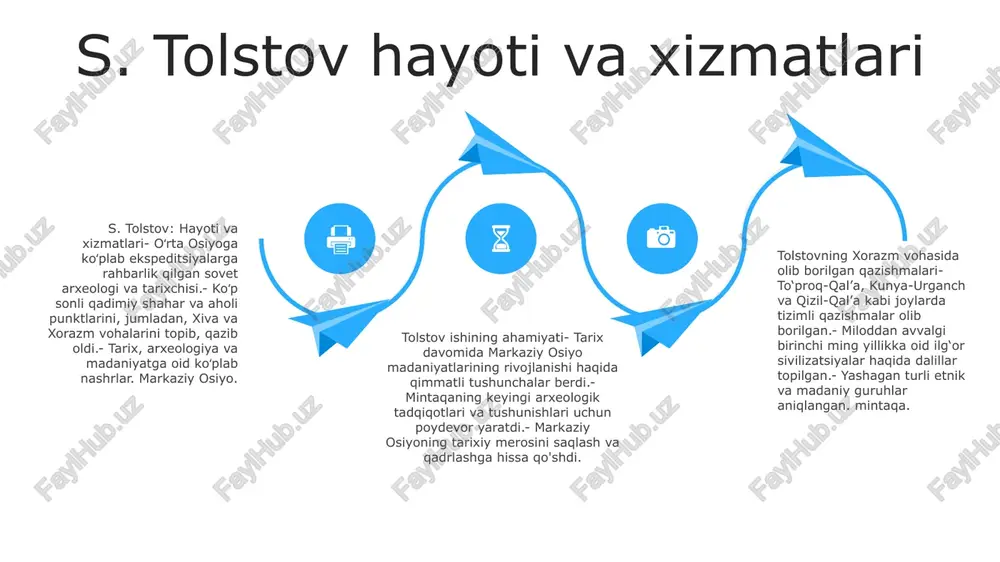 ga hissa qoʻshgan hamda mintaqadagi savodxonlik va aloqa tizimlariga oydinlik kiritgan. xorazm vohasining madaniy-tarixiy ahamiyati start qazishma: sovet arxeologi sergey tolstov 1937-1966 yillarda xorazm vohasida olib borilgan qazishmalarda qadimiy manzilgohlar, qal’alar va sug‘orish tizimlarini ochib berdi. tarixiy ahamiyati: bu qazishmalar mintaqaning boy tarixini, jumladan, qadimgi oks sivilizatsiyasi (so‘nggi bronza davri) va xvi asrda xiva xonligining tashkil topishini yoritib beradi. madaniy ahamiyati: tolstovning tadqiqotlari natijasida koʻplab asarlar, jumladan, kulolchilik, zargarlik buyumlari va haykaltaroshlik buyumlari topilib, xorazmning oʻtmishdagi aholisining badiiy va madaniy amaliyotlari haqida qimmatli maʼlumotlar berilgan. tolstov tadqiqotlarining arxeologiyaga ta'siri xorazm tarixini ochib berish: tolstov tadqiqotlari xorazm vohasining madaniy evolyutsiyasi va siyosiy tizimlari haqida bebaho ma’lumotlar berdi. uning qazishmalarida ilg‘or sug‘orish tizimlari, gullab-yashnagan qishloq xo‘jaligi va murakkab shahar markazlari haqida dalillar topildi. tolstovning arxeologik kashfiyotlari: xorazm viloyatida olib borilgan keng qamrovli qazishmalar markaziy osiyodagi qadimiy tsivilizatsiyalar haqidagi tushunchani sezilarli darajada ilg'orlagan ajoyib kashfiyotlar berdi. madaniy merosni asrash: tolstovning tadqiqotlari nafaqat arxeologik …