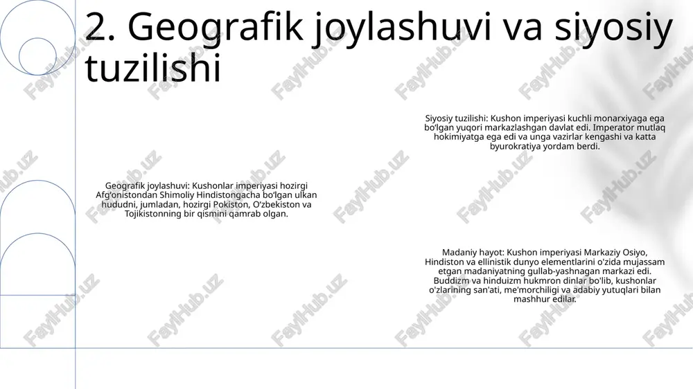 n. kushonlar, shuningdek, o'zlarining mohir metall buyumlari bilan mashhur bo'lib, ko'pincha batafsil naqshlar va ikonografiya bilan bezatilgan nafis zargarlik buyumlari, tangalar va haykallar yasagan. 6. san'at va arxitektura buddaning tasviri: kushon davrida buddaning tasvirlari ko'pincha qadimiy qirollik liboslari va aksessuarlari bilan tasvirlangan. kompozitsiya va harakat: kushon haykallari harakat va kompozitsiyaga qaratilganligi bilan ajralib turadi. raqamlar ko'pincha harakatda ko'rsatiladi va assimetrik pozalarni oladi. ellinistik ta'sirlar: kushon san'ati ellinistik gretsiyadan sezilarli darajada ta'sirlangan. yunon haykallarining realizm va estetik xususiyatlari kushon haykallarida koʻrinadi. 7. haykaltaroshlik va buddizm alxorozm: alxorozm adabiyotida arab adabiyoti taʼsiri oʻz aksini topgan, shoir va yozuvchilar koʻp boʻlgan. musiqa: bu davrda musiqa muhim madaniy faoliyat bo'lib, musiqachilarga katta e'tibor berilgan. xorazmshohlar saroyi: xorazmshohlar saroyi ham adabiyot, ham musiqa markazi, shoir va musiqachilarga homiylik qilgan. 8. adabiyot va musiqa 1. til xilma-xilligi: kushonlar davrida turli tillarda, jumladan, prakrit, sanskrit, xotan va baqtriya tillarida so‘zlashgan. bu til xilma-xilligi imperiyaning keng geografik miqyosini …