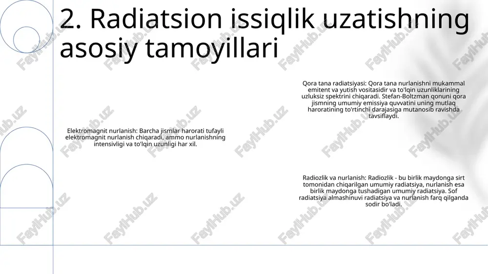 almashinuvi: nurlanishning materiya bilan o'zaro ta'sir qilish mexanizmlarini, shu jumladan yutilish, aks ettirish va uzatishni tushuntiradi. shuningdek, u issiqlik izolyatsiyasi va radiatsiyaviy sovutish kabi sohalarda energiya uzatish va qo'llanilishiga ta'sir qiluvchi omillarni o'rganadi. 6. lambertning kosinus qonuni kirxgof qonuni: materialning issiqlik nurlanishiga nisbatan emissiya, yutilish va aks ettirish qobiliyati o'rtasidagi bog'liqlikni tavsiflaydi. unda aytilishicha, material uchun emissiya va aks ettirish yig'indisi birga teng. ikki qora jism orasidagi termal radiatsiya: qora tanalar termal nurlanishning ideal emitentlari va absorberlaridir. har xil haroratda ikkita qora jism o'rtasida issiqlik uzatishning aniq tezligi jismlarning emissiyasiga bog'liq bo'lgan stefan-boltzman qonuni bilan berilgan. ishtirok etuvchi vositalar orasidagi termal radiatsiya: ishtirokchi muhitlar termal nurlanishni yutuvchi, tarqatuvchi va qayta chiqaradigan muhitlardir. radiatsion uzatish tenglamasi yutilish, emissiya va tarqalish koeffitsientlari kabi omillarni hisobga olgan holda nurlanishning ushbu muhitlar bilan o'zaro ta'sirini modellashtiradi. 7. kirchhoff qonuni aniq radiatsiya issiqlik o'tkazuvchanligi: har xil haroratdagi ikki sirt o'rtasida radiatsiyaviy energiya almashinuvi, bu erda …