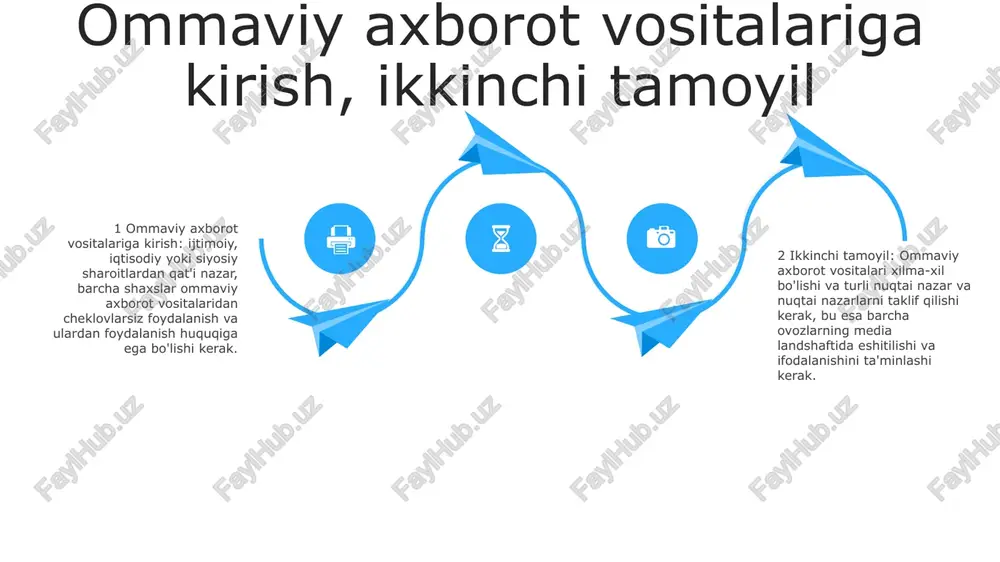 xloqiy tarzda ishlashini, muvozanatli va aniq ma'lumotlarni taqdim etishini va shaxsiy daxlsizlikni hurmat qilishni ta'minlaydi. media savodxonligi: tanqidiy fikrlashni rivojlantirishmediasavodxonlik odamlarga media xabarlarini tanqidiy baholash va sharhlash imkoniyatini beradi, bu ularga faktik va noxolis ma'lumotni farqlash imkonini beradi. zaif auditoriyalarni himoya qilish mediadan xabardorlik tashabbuslari zaif auditoriyalarni, jumladan, bolalar va marginal guruhlarni zararli yoki potentsial zarar etkazuvchi media kontentidan himoya qiladi. media tarafkashligini tushunish 2. ko'p manbalarni tekshiring: faktlarni uchburchak qilish va har qanday nomuvofiqlik yoki nomuvofiqliklarni aniqlash uchun turli manbalardan olingan ma'lumotlarni solishtiring. 1. manbani tushuning: axborot ortida turgan shaxsni aniqlang va uning motivlari, tarafkashliklari va moliyalashtirish manbalarini ko'rib chiqing. 3. yuklangan tilni aniqlang: sub'ektiv nuqtai nazarni bildirishi yoki fikrlarga ta'sir qilishi mumkin bo'lgan hissiy yoki qutbli tildan xabardor bo'ling. soxta yangiliklarni aniqlash 2: tarkibni o'rganing: potentsial noto'g'ri yoki faktik nomuvofiqliklarni aniqlash uchun hikoyaning ohangini, tilini va dalillarini tahlil qiling. haddan tashqari da'volarga yoki his-tuyg'ularni jalb qiladigan tilga e'tibor …