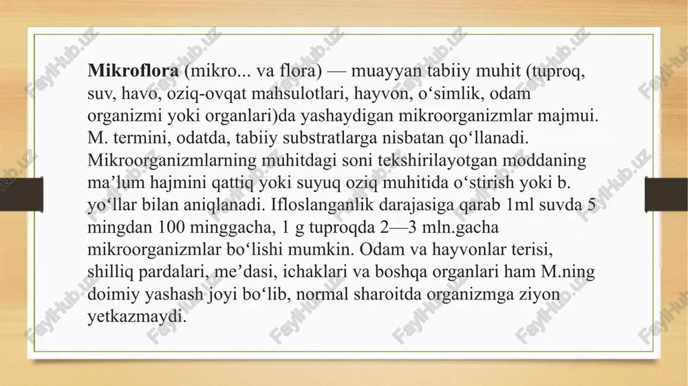 ’p bo’lib, yuqoriga ko’tarilgan sari kamaya boradi. (ye. n. mishustin). moskva shahar havosi tarkibidagi mikroblar soni. (4-jadval) 1m³ dagi mikorblar soni tekshirish uchun olingan havoning yer yuzidagi balandligi 5000 3000 1700 600 5-10 m 500 m 1000 m 2000 m yangi ma’lumotlarga asoslanib, yerdan 20 km balandlikda ham spora hosil qiluvchi va mog’or zamburug’lari bo’lishi aniqlangan. okeanlarda, dengizlarda va baland tog’lar havosida mikroblar soni kam bo’lsa, aholi zich joylashgan markazlarda ularning soni ko’p bo’ladi. mikroblar kichik bo’lganligi tufayli biz ularni ko’ra olammiz. ammo ularni ko’z bilan ko’rish qobiliyatiga ega bo’lganimizda edi, ularning kuchli jalaga o’xshab to’rganligini kuzatgan bo’lar edik. havoning quruq bo’lishi, quyosh nuri, oziq moddalarning yo’qligi ularning ko’payishiga va rivojlanishiga yo’l qo’ymaydi. natijada havo tarkibidagi zararli mikroorganizmlar ham kamdam-kam uchraydi. havodagi mikroblarning oz-ko’pligi har xil usullar bilan aniqlanadi. kox usuli: petri kosachasiga 15-20 ml go’sht-pepton agari quyiladi. u qotgandan keyin, uyning burchaklariga va o’rtasiga qopqog’i ochib qo’yiladi. chang bilan …