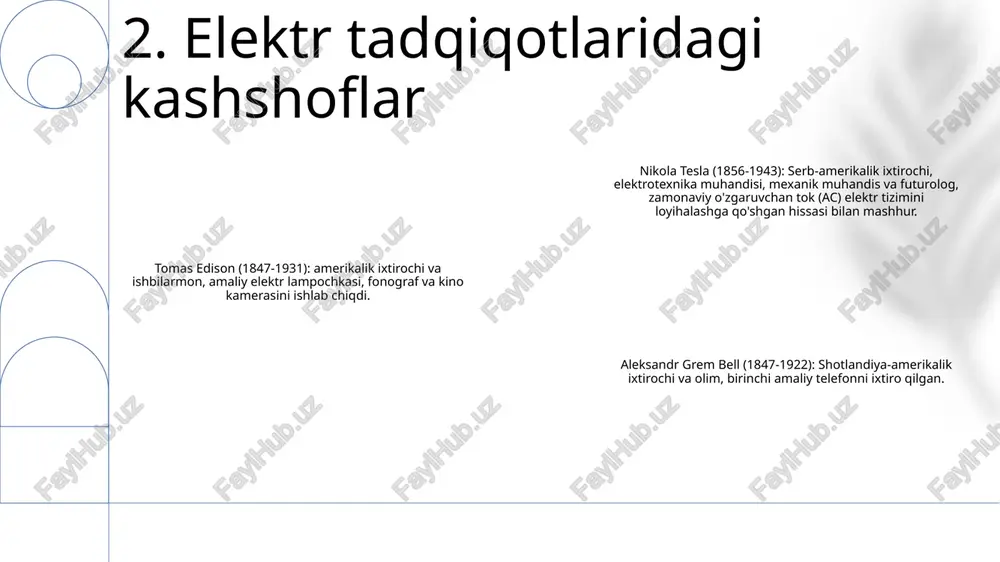 irishda kashshof sifatidagi merosini mustahkamladi. 6. teslaning hissalari va oqimlar urushi edison innovatsiyalari: amaliy qo'llanmalar - sun'iy yoritishni tubdan o'zgartiruvchi cho'g'lanma lampochkani taqdim etdi. - ovoz yozish va o'ynatish imkonini beruvchi fonografni ishlab chiqdi. - kino industriyasini yaratgan kinokamerani yaratdi. elektr energiyasi tizimlarining kashshoflari: nikola tesla va tomas edison - teslaning o'zgaruvchan tok (ac) tizimi shaharlarni elektrlashtirish imkonini beruvchi uzoq masofalarga elektr uzatish standartiga aylandi. shahar infratuzilmasining o'sishiga hissa qo'shadigan maishiy texnika. zamonaviy tsivilizatsiyaga ta'siri: transformatsiya va taraqqiyot - edisonning ixtirolari aloqa, ko'ngilochar va kundalik hayotda misli ko'rilmagan yutuqlarga olib keldi. - elektr energiyasi tizimlari zamonaviy sanoat, transport va shahar markazlarining yuksalishiga imkon berdi, zamonaviy sivilizatsiya tuzilishini shakllantirdi. 7. edisonning amaliy qo'llanilishi ieee pes: kashshoflar merosi va zamonaviy energiya tizimlari elektr energetika tizimining tashkil etuvchilari: the formative years kashshoflar merosi: uzatish va tarqatish 8. kashshoflar merosi va zamonaviy energiya tizimlari e'tiboringiz uchun rahmat @taqdimot_robot image1.png /docprops/thumbnail.jpeg